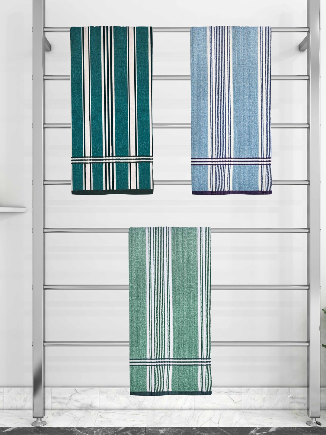 

Athom Trendz Set Of 3 Striped 210 GSM Pure Cotton Bath Towels, Green