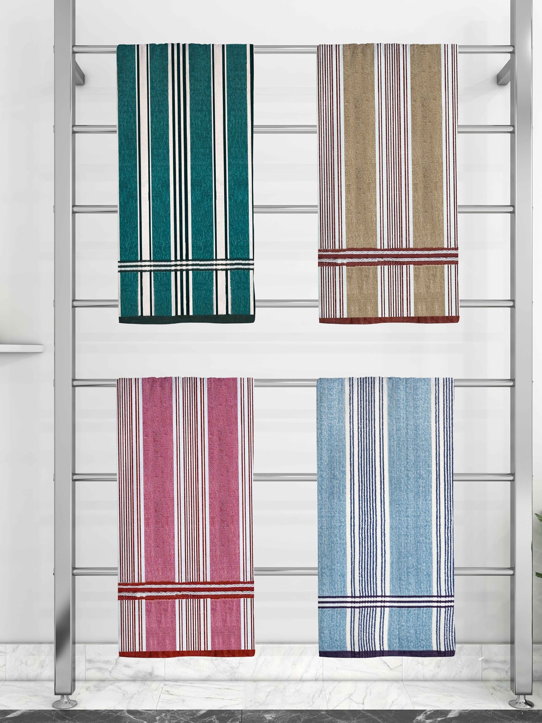 

Athom Trendz Set Of 4 Striped Pure Cotton 210 GSM Bath Towel, Blue