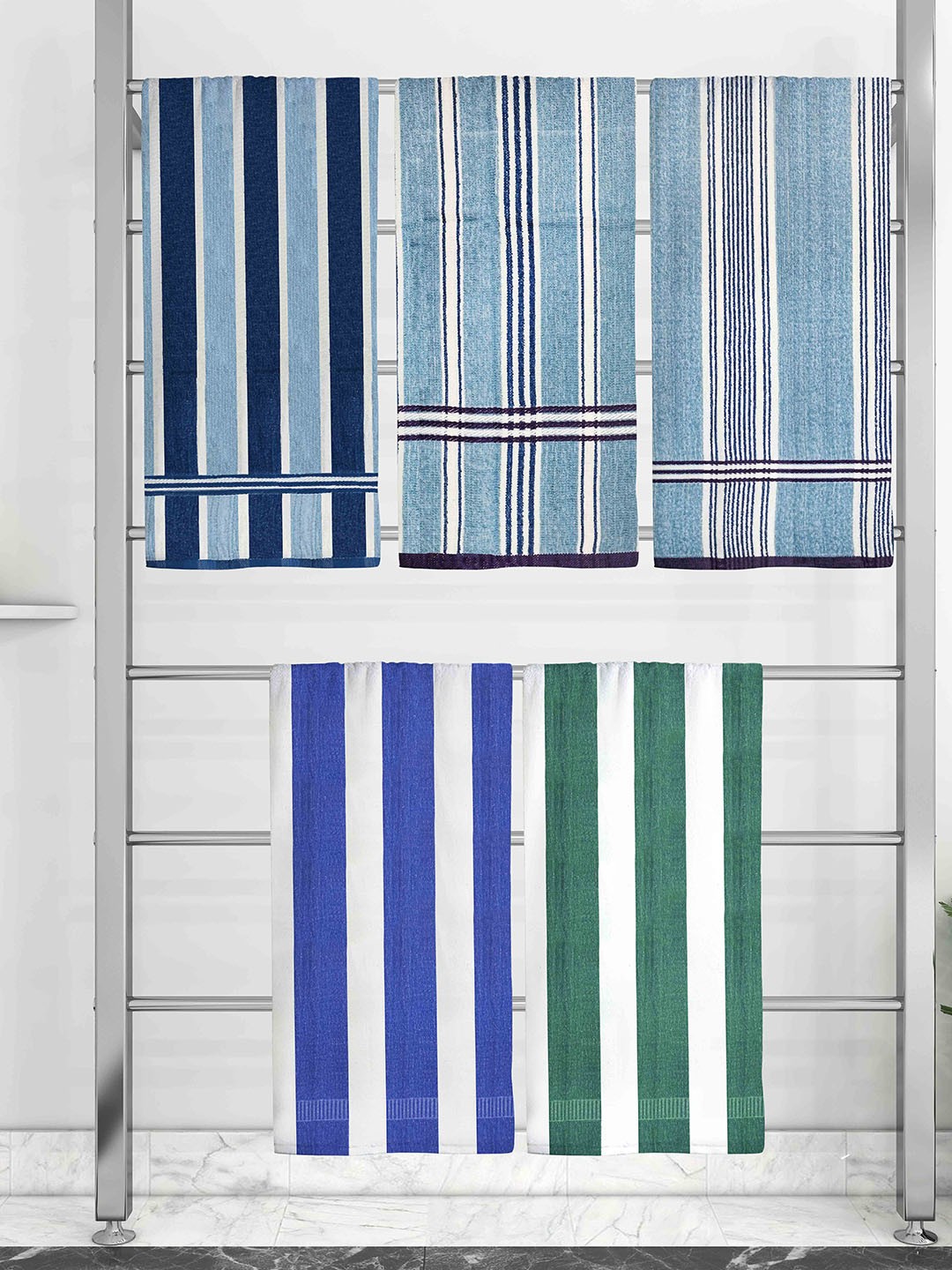 

Athom Trendz Set Of 5 Striped 210 GSM Pure Cotton Bath Towels, Blue