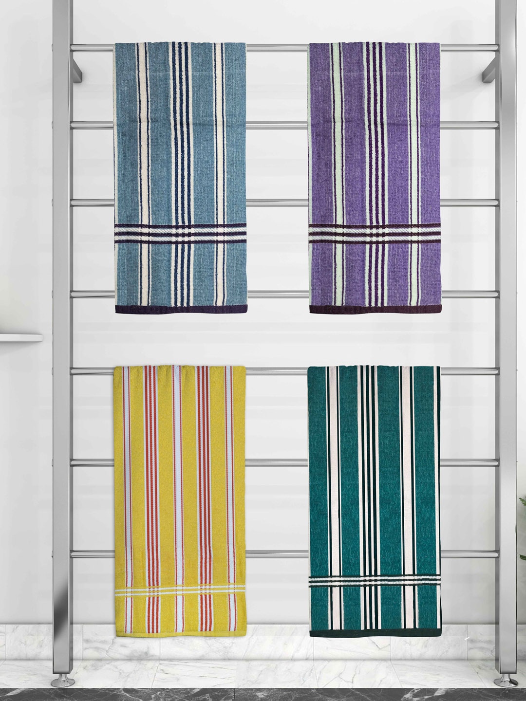 

Athom Trendz Set Of 4 Striped 210 GSM Pure Cotton Bath Towels, Blue