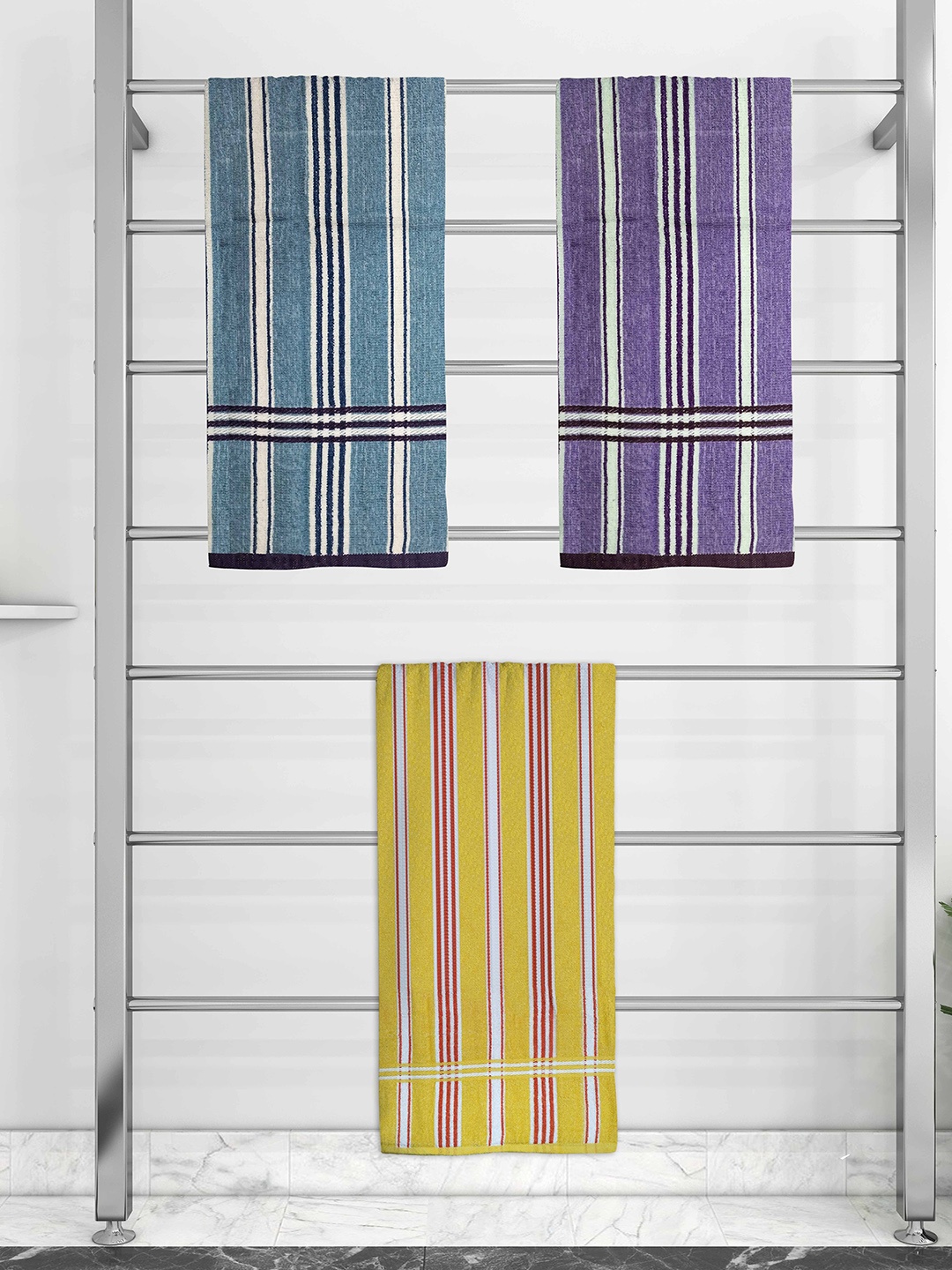 

Athom Trendz Set Of 3 Striped 210 GSM Pure Cotton Bath Towels, Blue