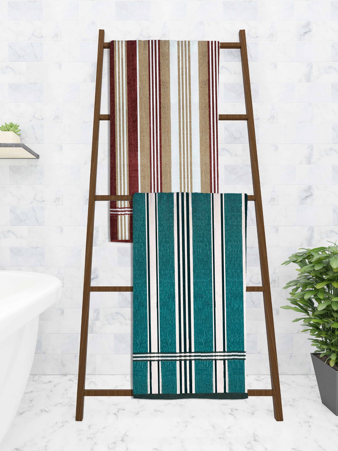 

Athom Trendz Set Of 2 Striped 210 GSM Pure Cotton Bath Towels, Multi