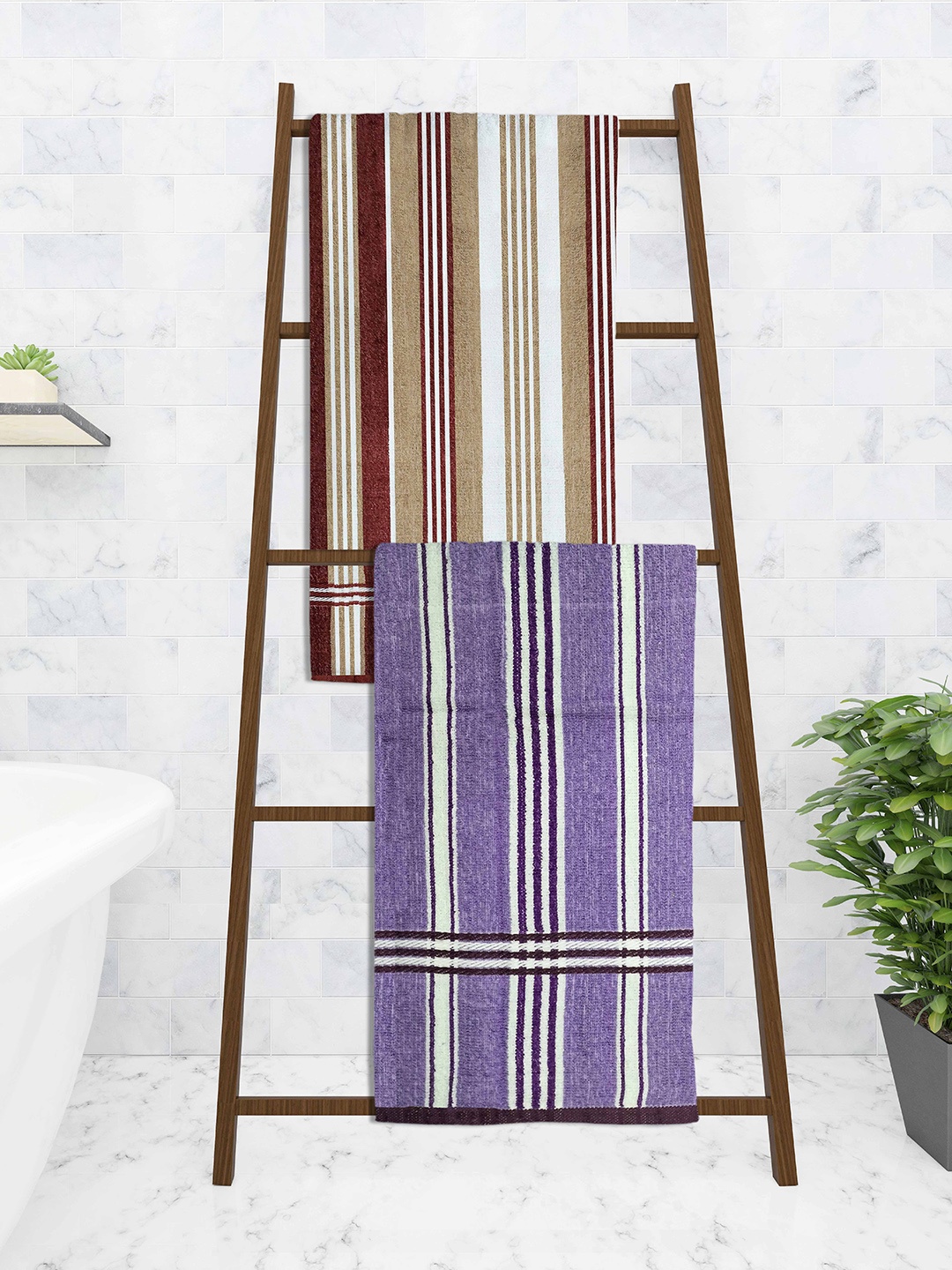 

Athom Trendz Set Of 2 Striped Pure Cotton 210 GSM Bath Towel, White