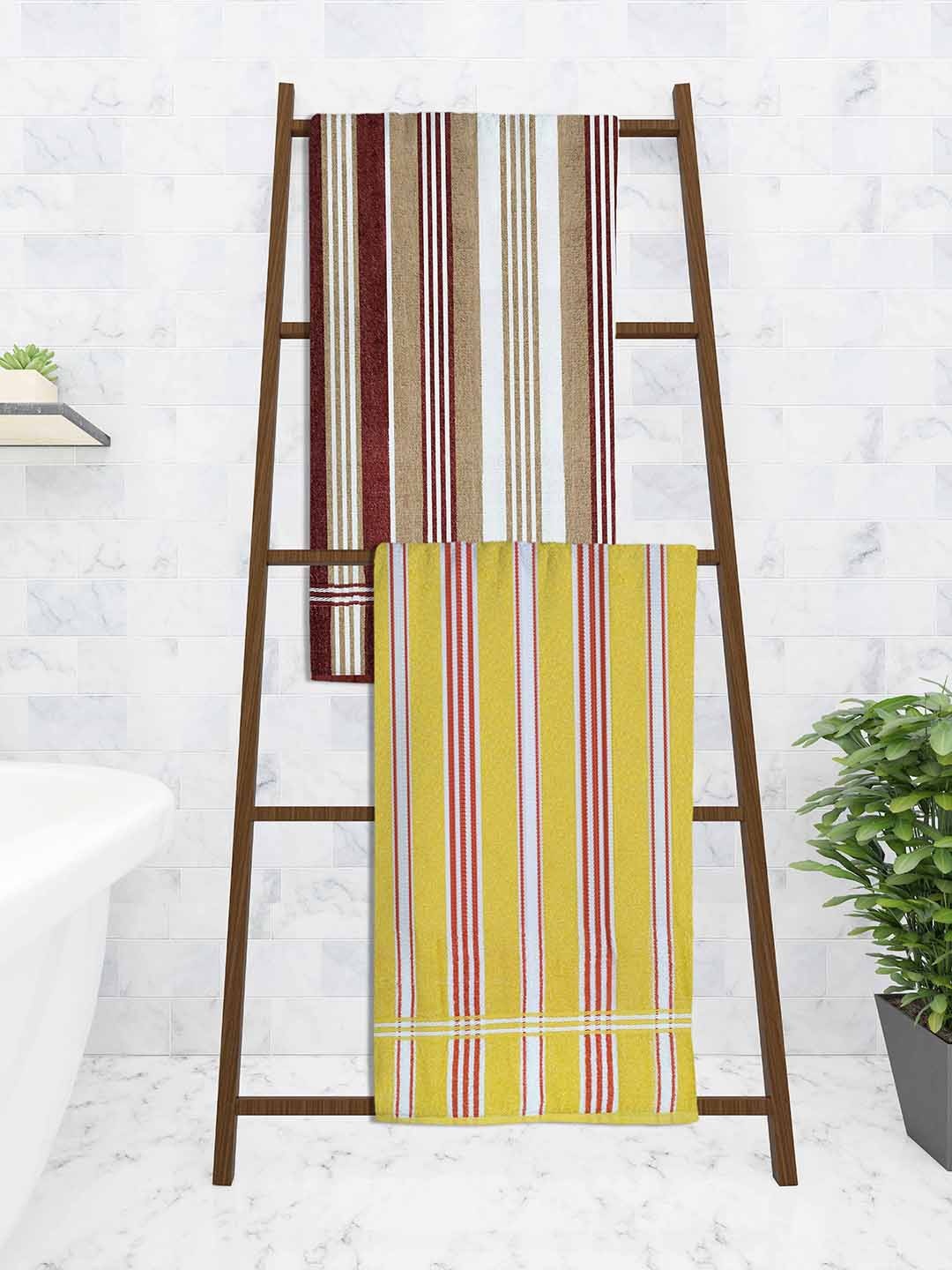 

Athom Trendz Pack Of 2 Striped 210 GSM Pure Cotton Bath Towels, Yellow