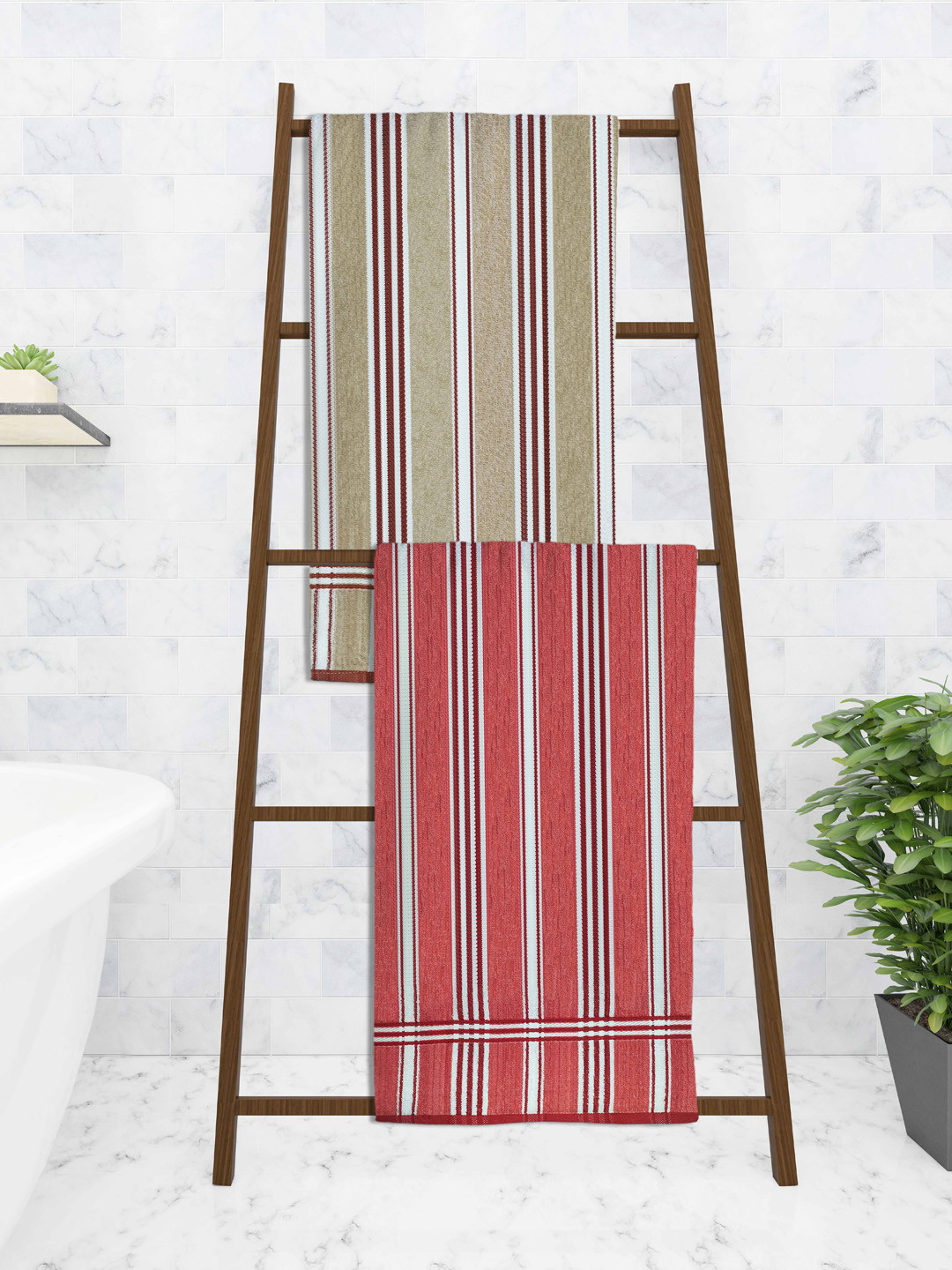 

Athom Trendz Set Of 2 Multi-Colored Striped Printed 210GSM Pure Cotton Bath Towels