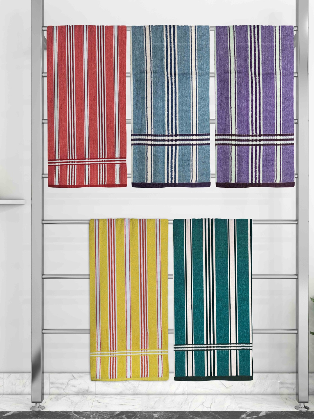 

Athom Trendz Pack Of 5 Striped 210 GSM Pure Cotton Bath Towels, Peach
