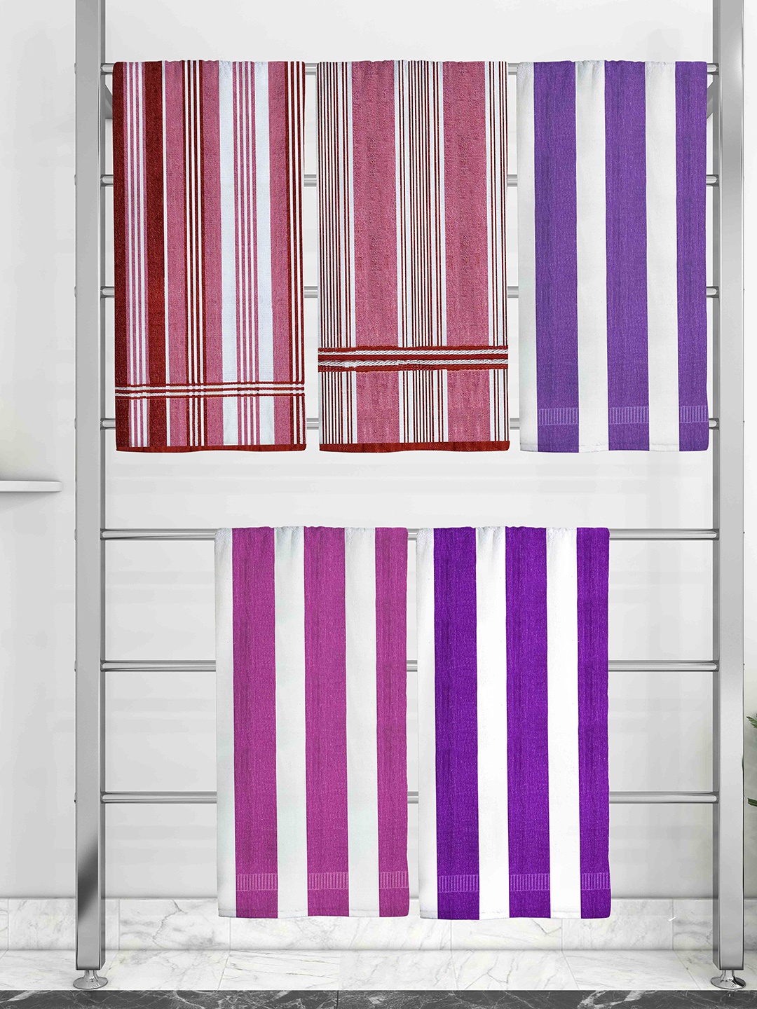 

Athom Trendz Set Of 5 Multi-Colored Striped Printed 210GSM Pure Cotton Bath Towels