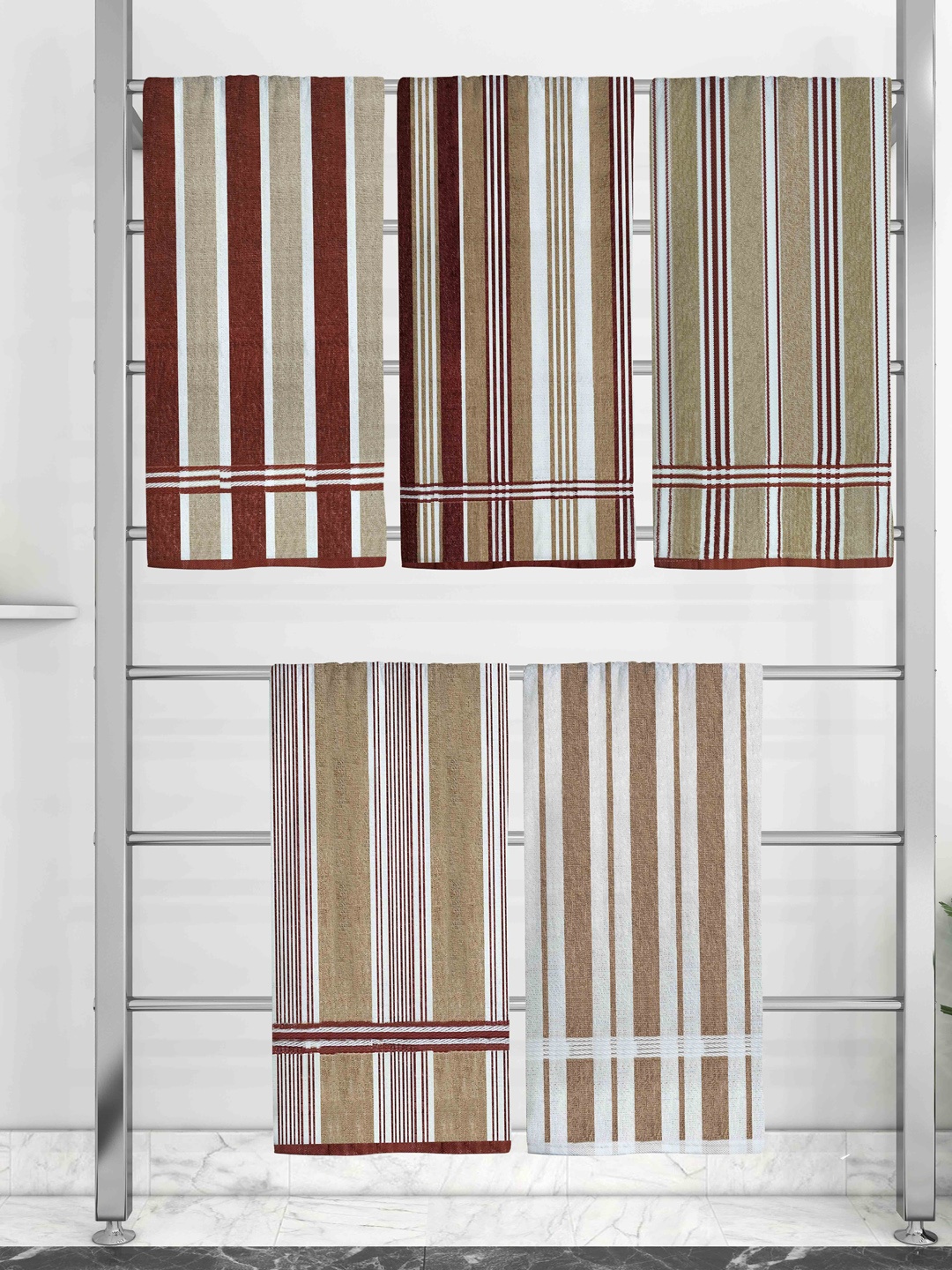 

Athom Trendz Set Of 5 Striped Pure Cotton 210 GSM Bath Towel, White