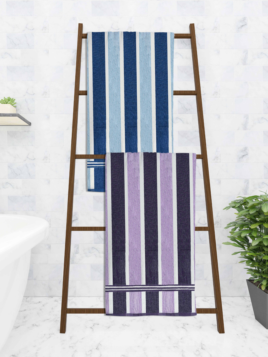 

Athom Trendz Set Of 2 Striped 210 GSM Pure Cotton Bath Towels, Blue