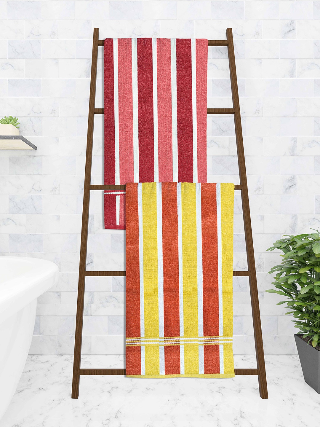 

Athom Trendz Set Of 2 Striped 210 GSM Pure Cotton Bath Towels, Yellow