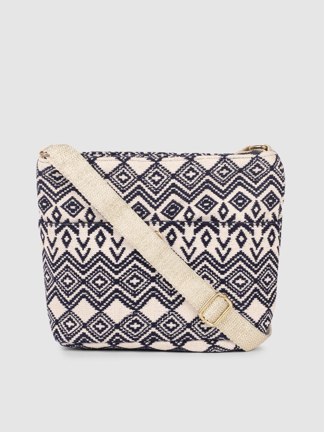 

Accessorize Navy Blue & Off-White Aztec Woven Design Structured Sling Bag