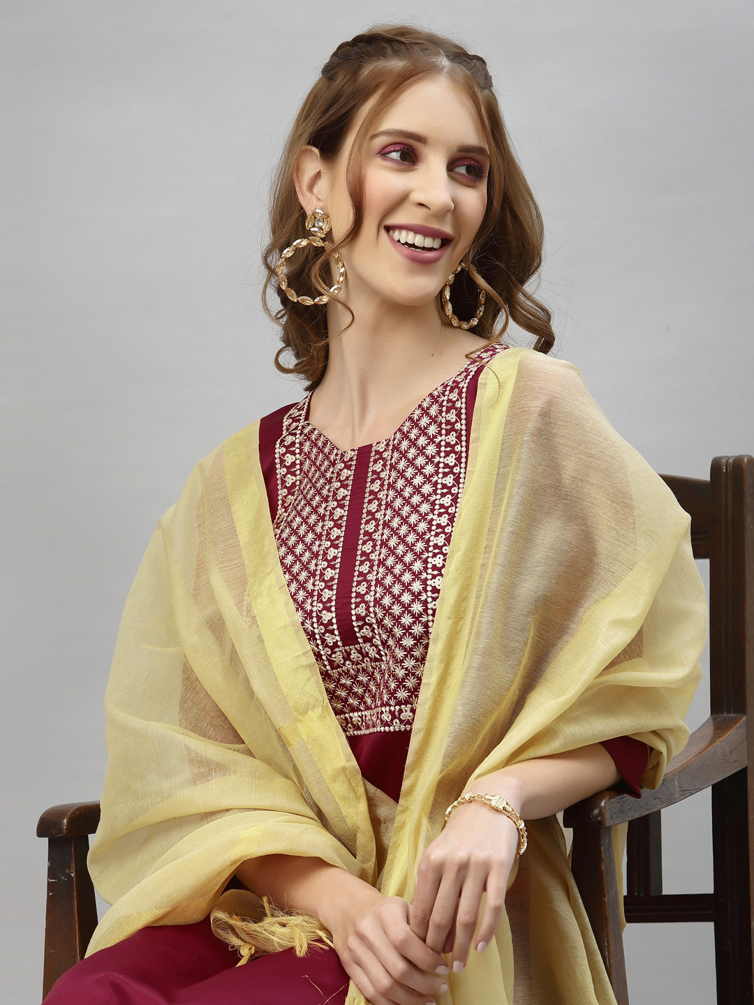 

SANISA Women Maroon Ethnic Motifs Yoke Design Panelled Kurta with Trousers & With Dupatta
