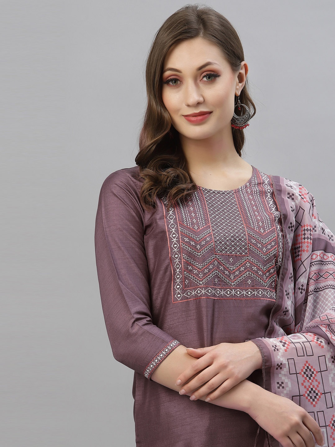 

SANISA Women Purple Yoke Design Empire Polyester Kurta with Churidar & With Dupatta