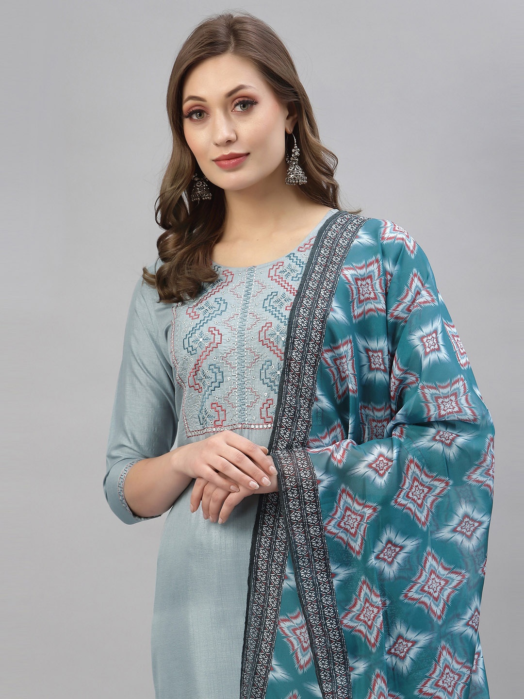 

SANISA Women Grey Ethnic Motifs Polyester Kurta with Trousers & With Dupatta