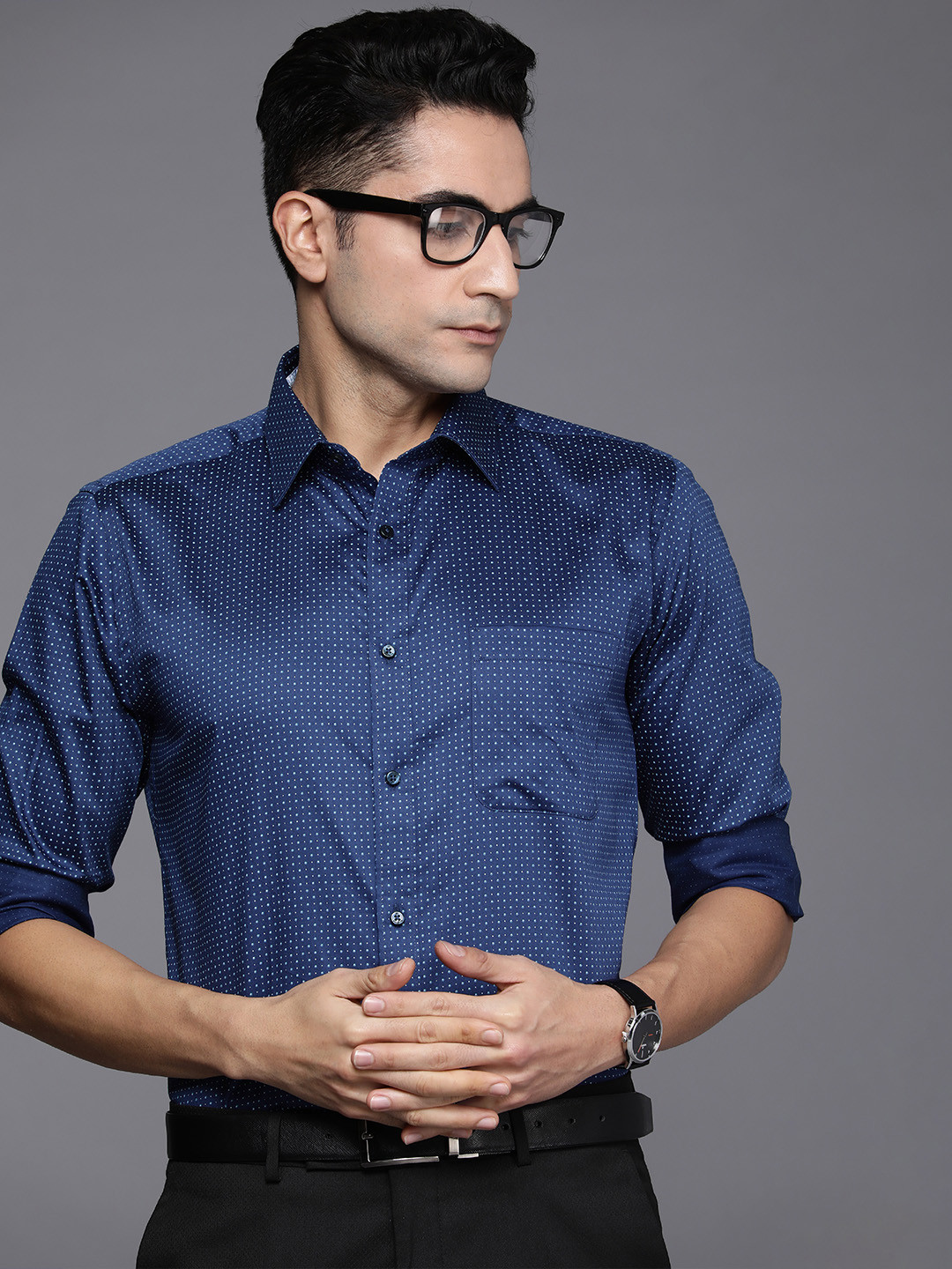 

Raymond Men Blue And White Slim Fit Micro Ditsy Printed Pure Cotton Formal Shirt