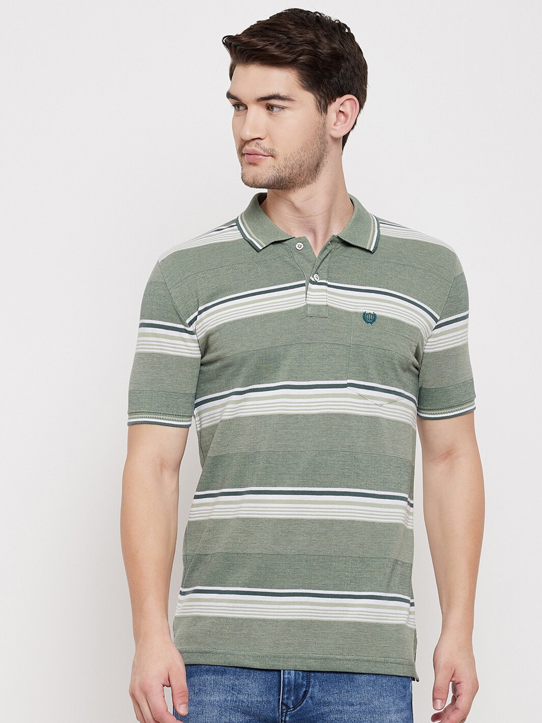 

Duke Men Green Striped Polo Collar T-shirt