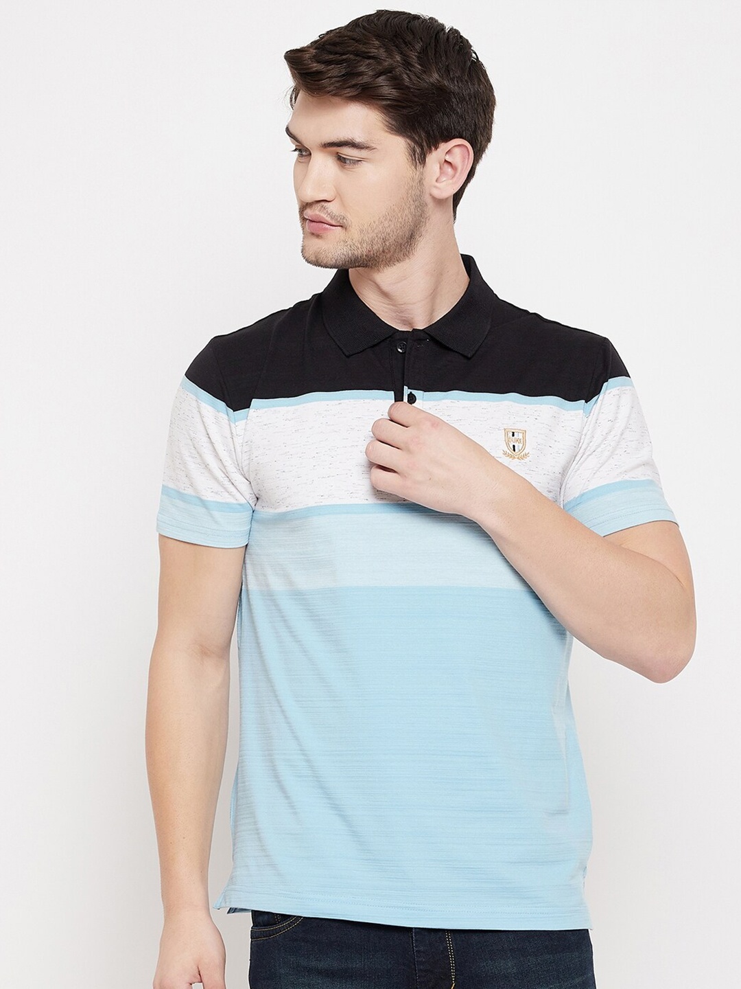 

Duke Men Black Colourblocked Polo Collar Slim Fit T-shirt