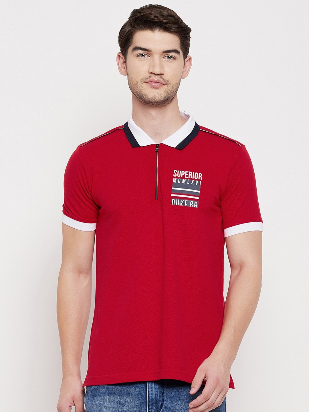 

Duke Men Red Typography Polo Collar Applique Slim Fit T-shirt
