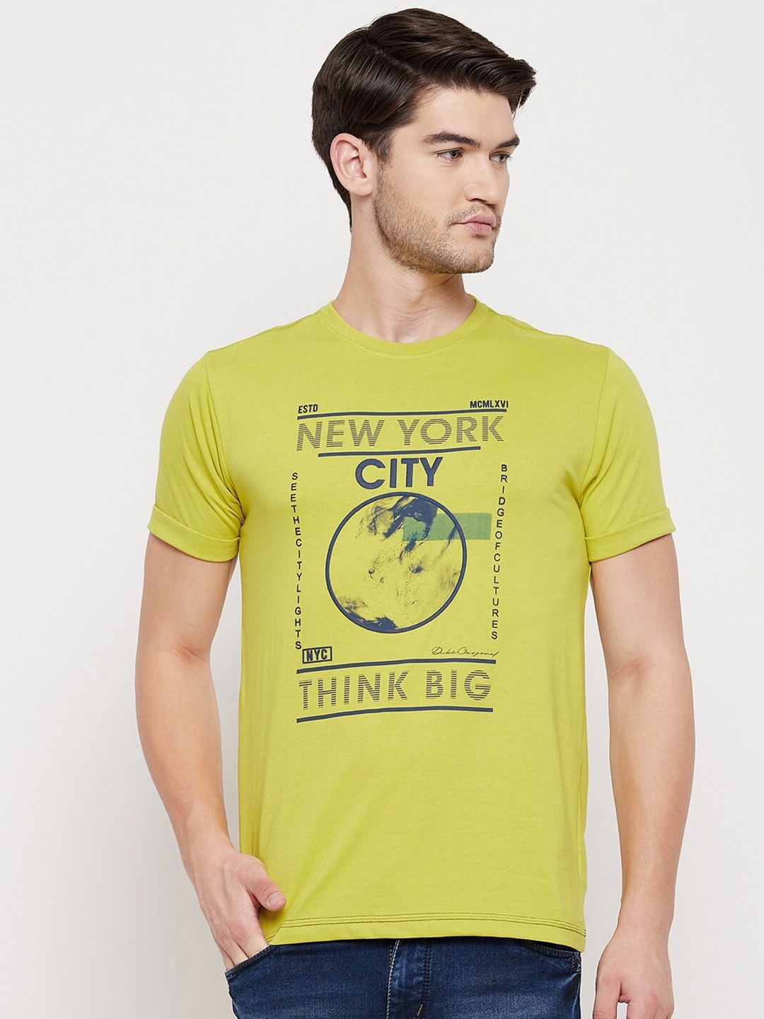 

Duke Men Yellow & celery Typography Printed Raw Edge Slim Fit T-shirt