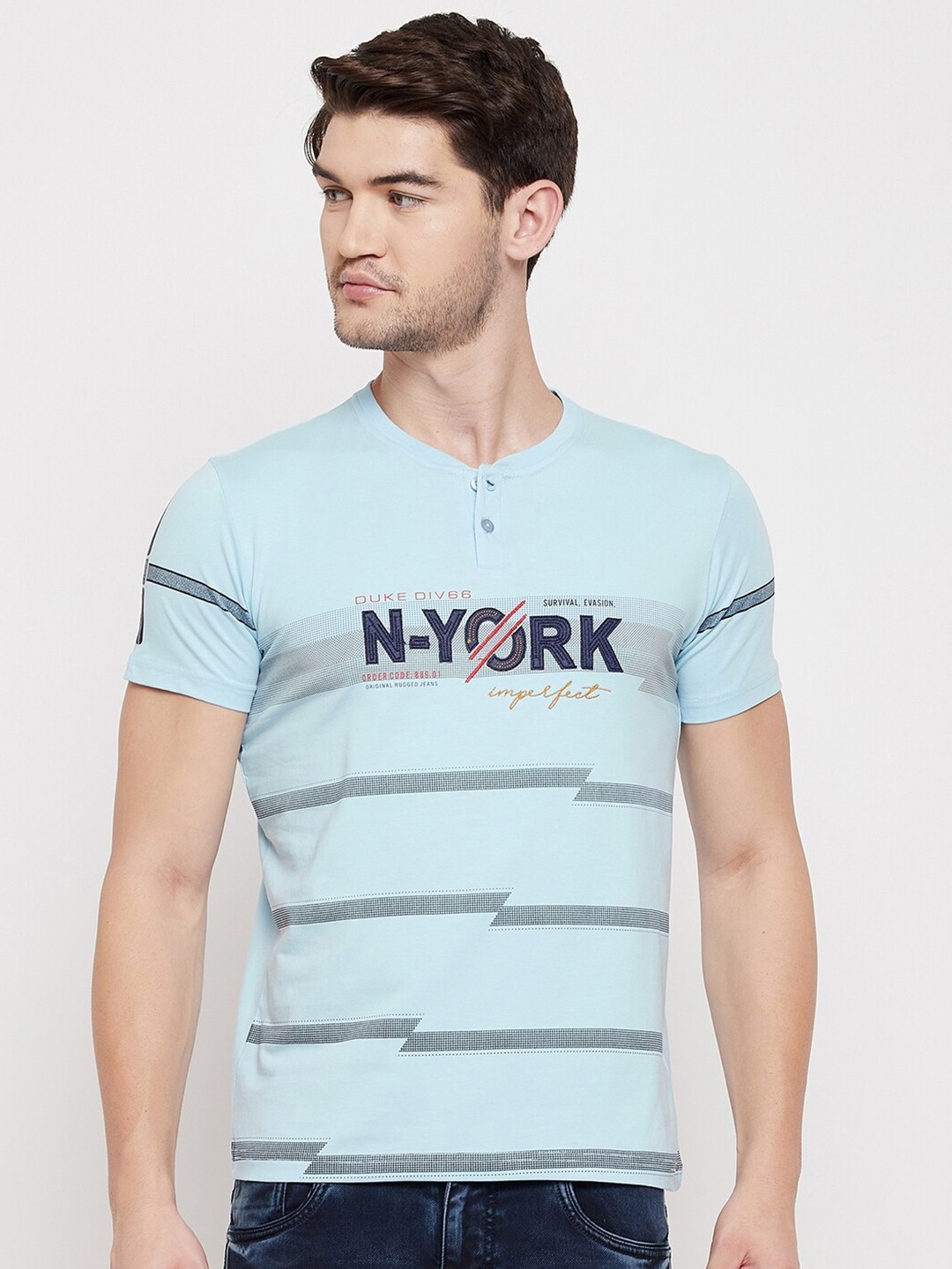 

Duke Men Blue Striped Henley Neck T-shirt