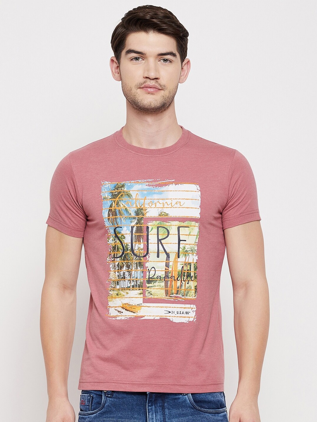 

Duke Men Red & rosette Typography Printed Pure Cotton Applique T-shirt