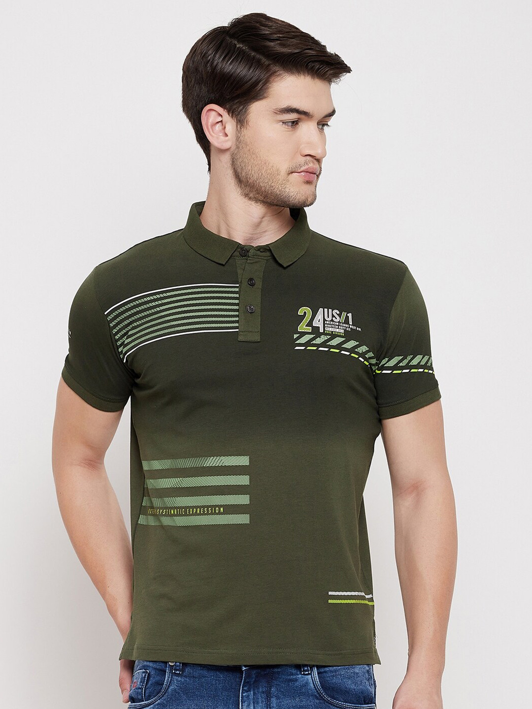 

Duke Men Green Printed Polo Collar T-shirt
