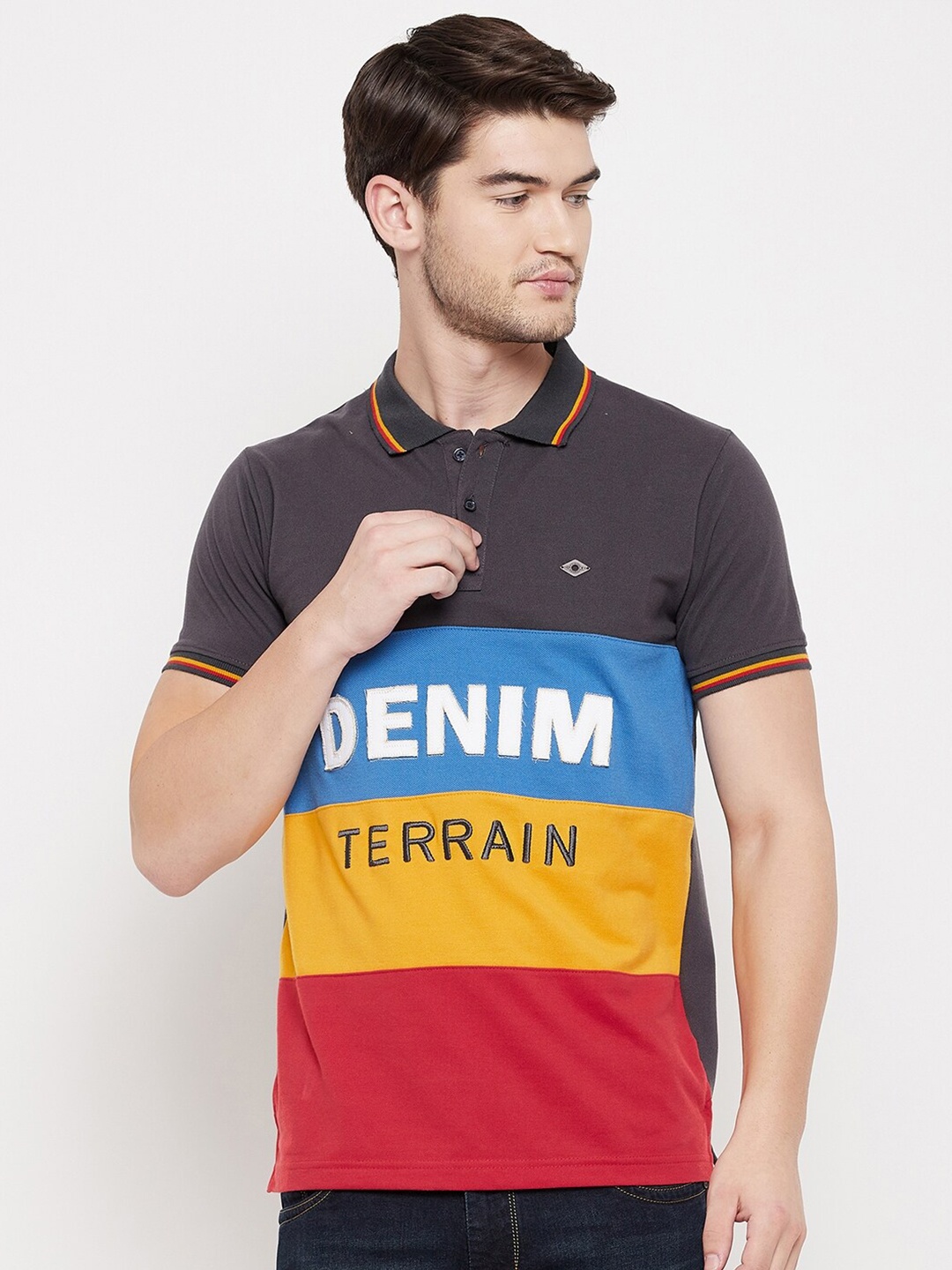 

Duke Men Grey Typography Dyed Polo Collar Applique T-shirt