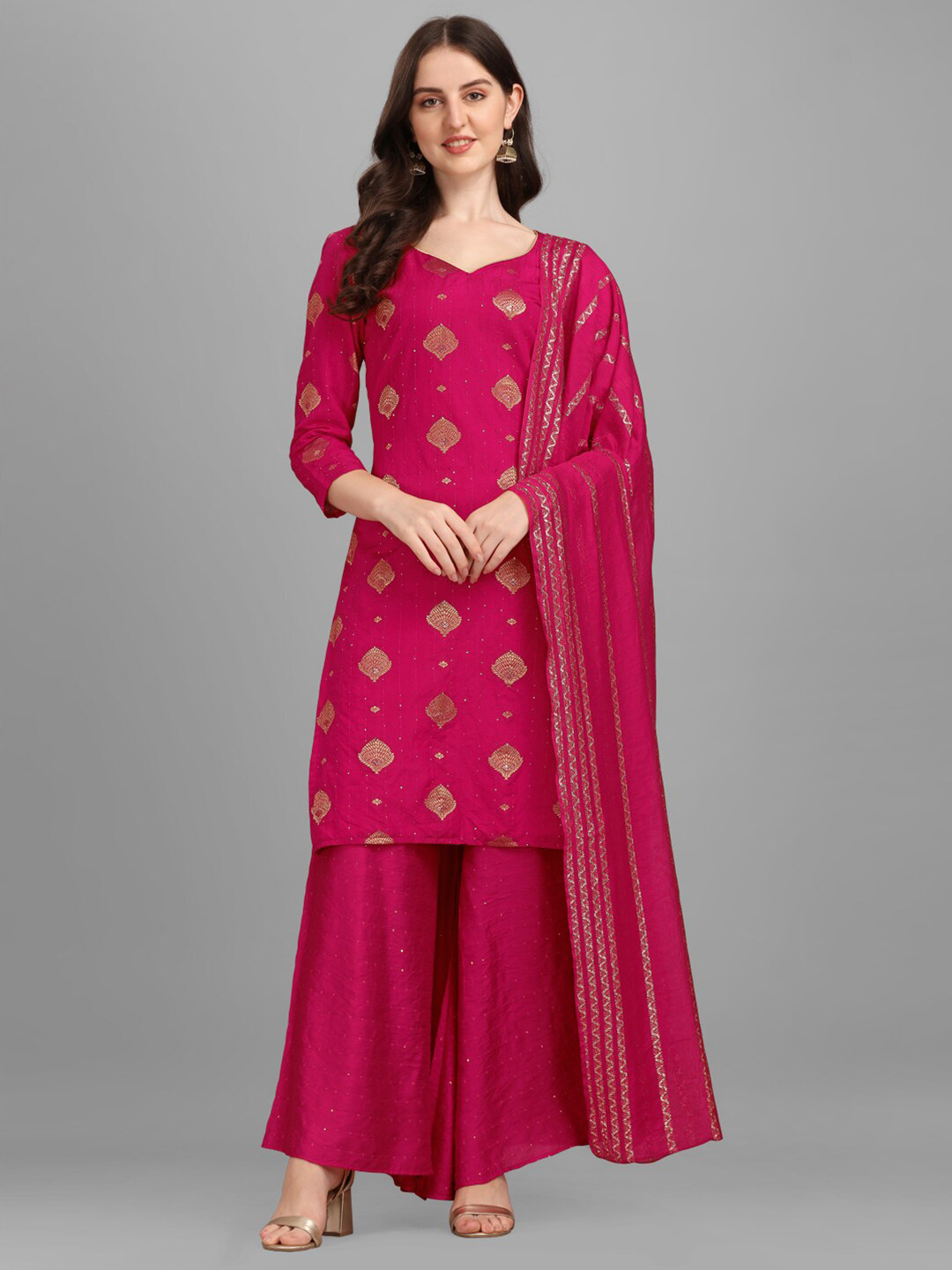 

JATRIQQ Pink & Gold-Toned Art Silk Semi-Stitched Dress Material