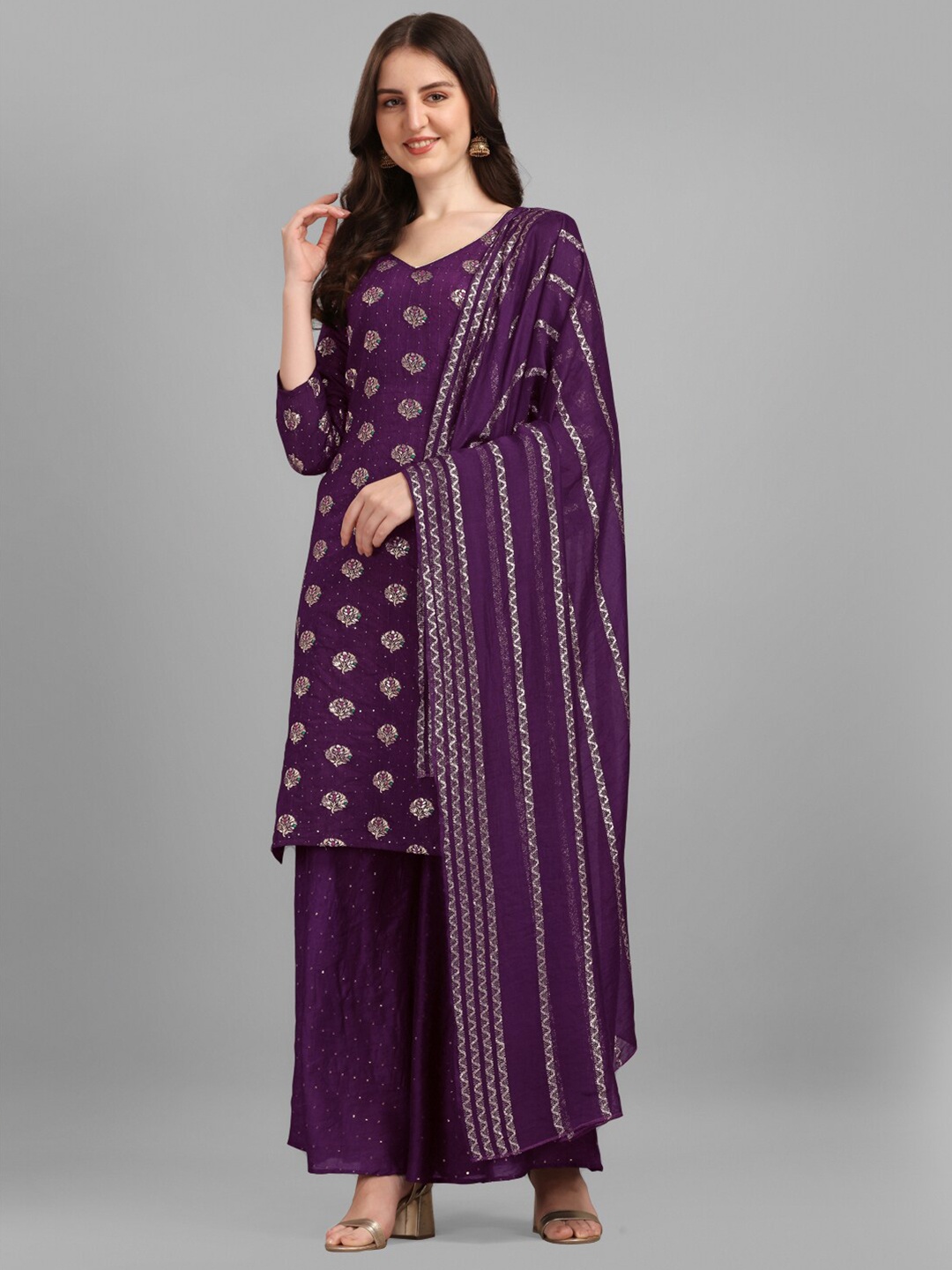 

JATRIQQ Purple & Gold-Toned Art Silk Semi-Stitched Dress Material