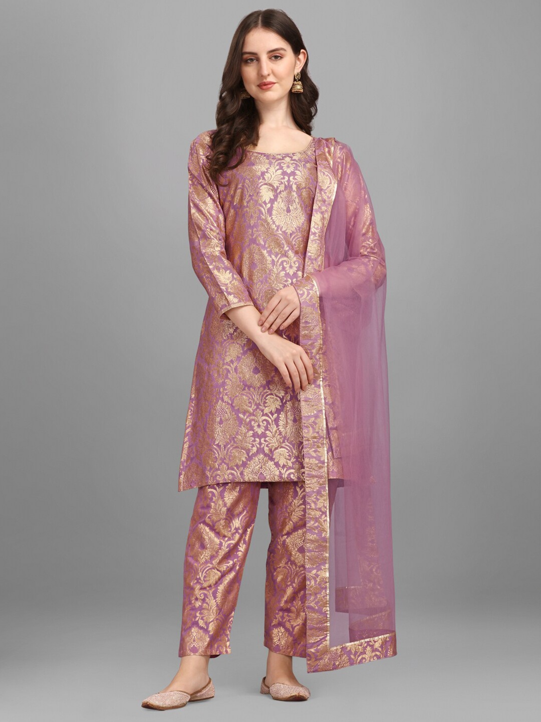 

JATRIQQ Lavender & Gold-Toned Art Silk Semi-Stitched Dress Material