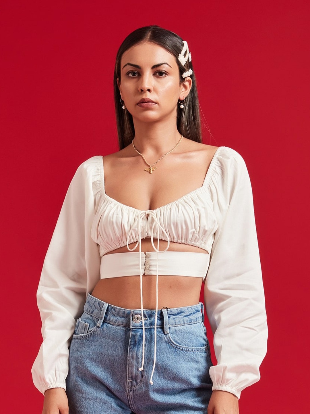 

THE CLOTHING FACTORY White Smocked Crop Top