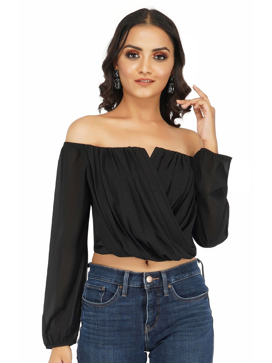 

THE CLOTHING FACTORY Black Off-Shoulder Bardot Crop Top