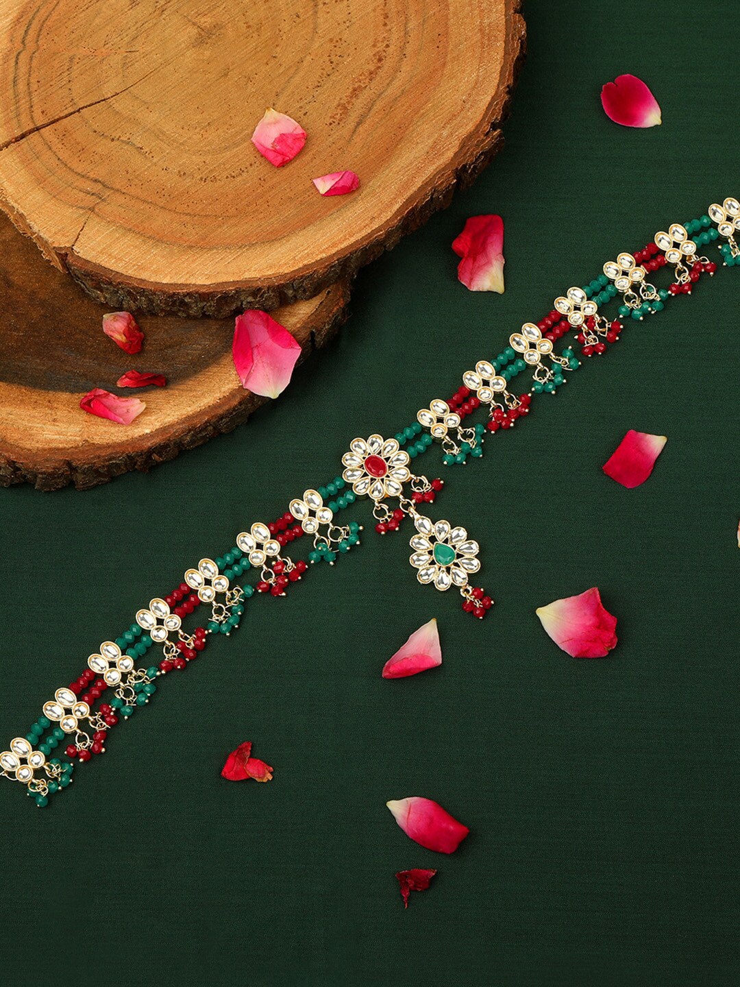 

AccessHer Gold-Plated Red & Green Kundan Studded Matha Patti