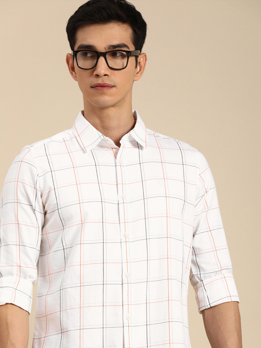 

Being Human Men Off White And Orange Slim Fit Checked Pure Cotton Casual Shirt