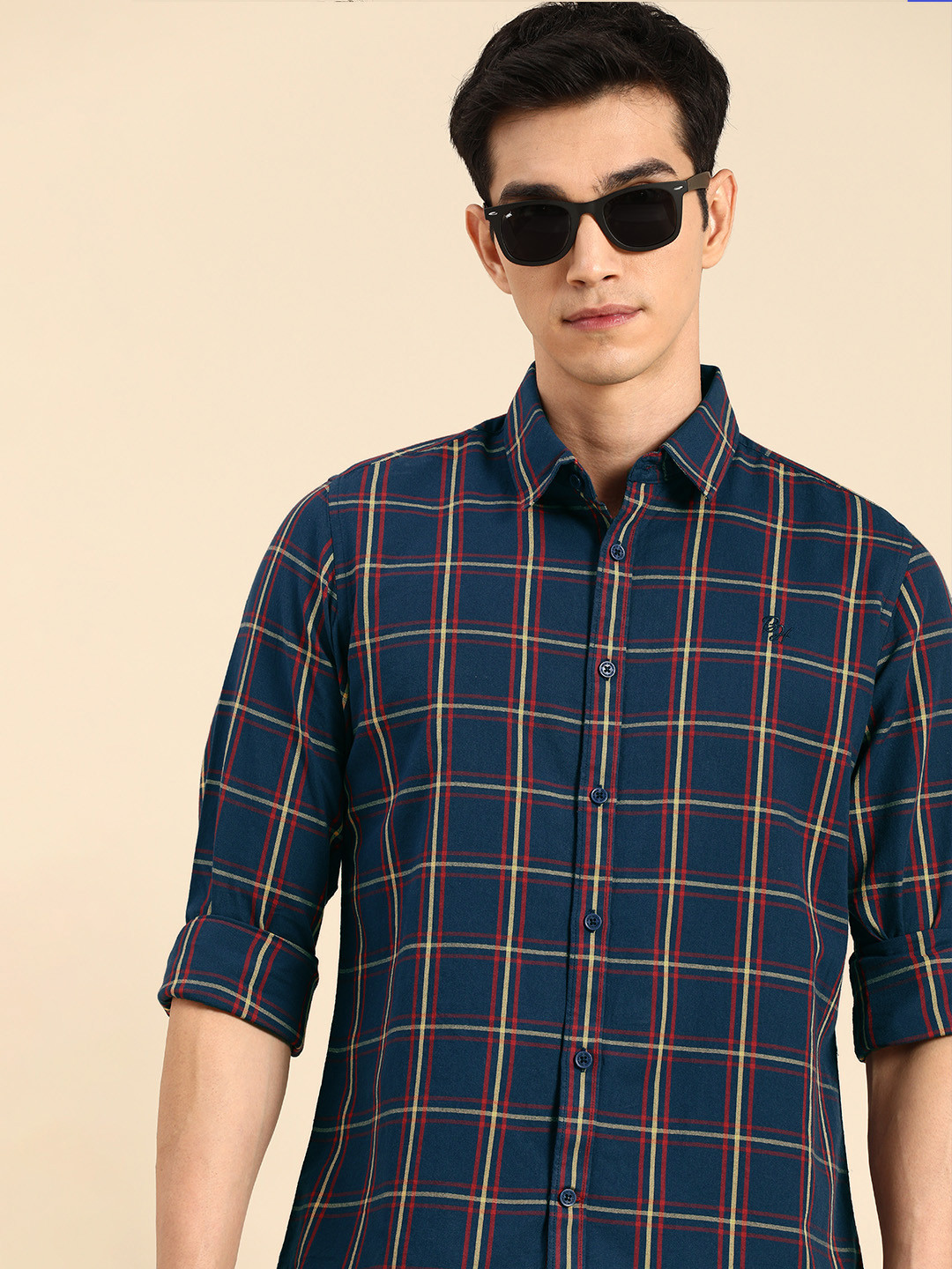 

Being Human Men Navy Blue Windowpane Checks Slim Fit Pure Cotton Casual Shirt
