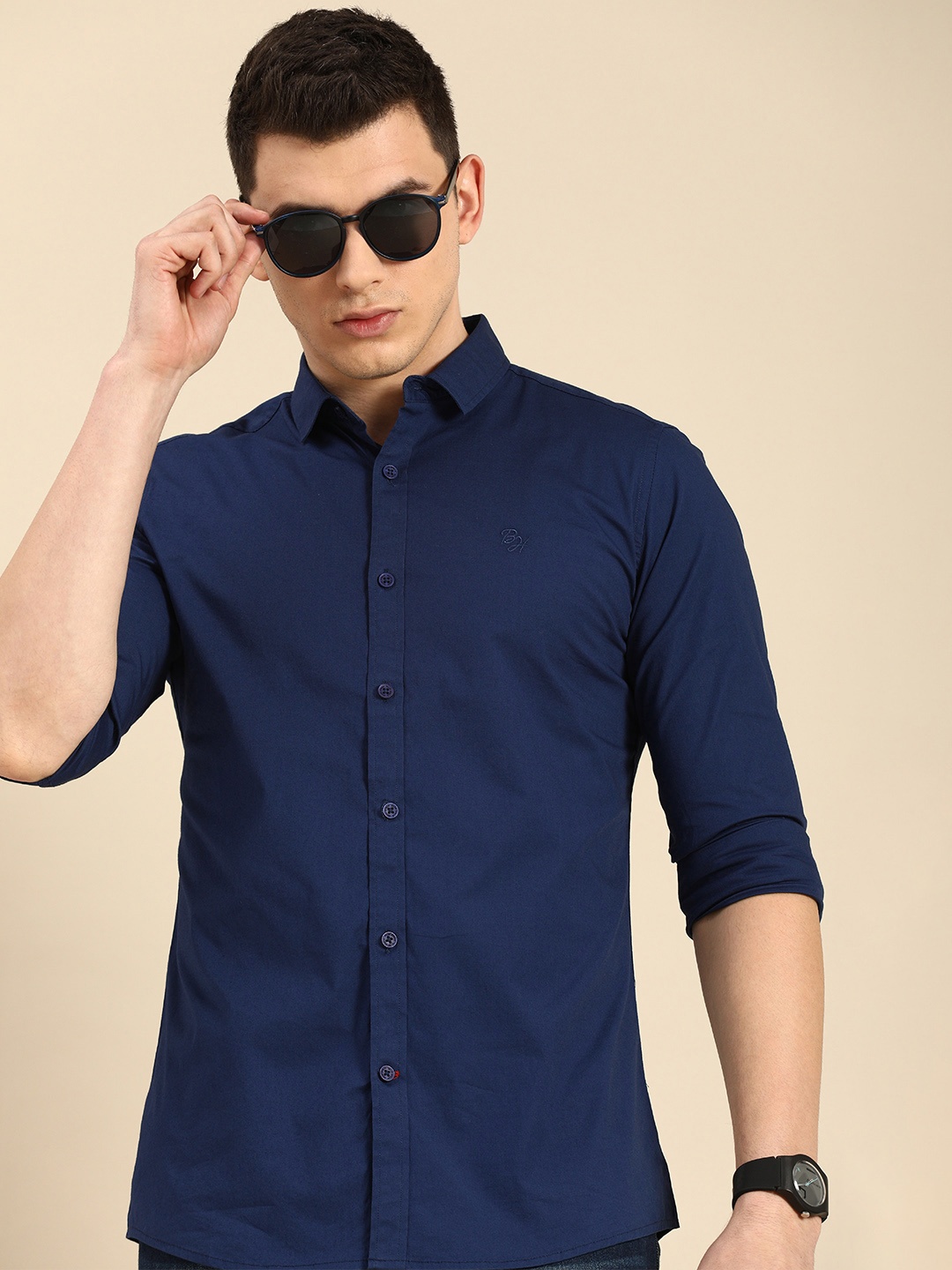 

Being Human Men Navy Blue Solid Slim Fit Pure Cotton Casual Shirt