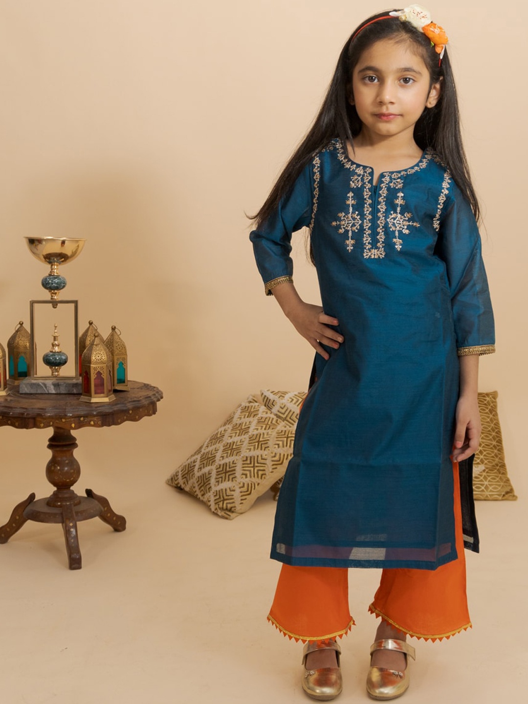 

BANI KIDS Girls Blue Yoke Design Chanderi Cotton Kurti with Trousers & With Dupatta