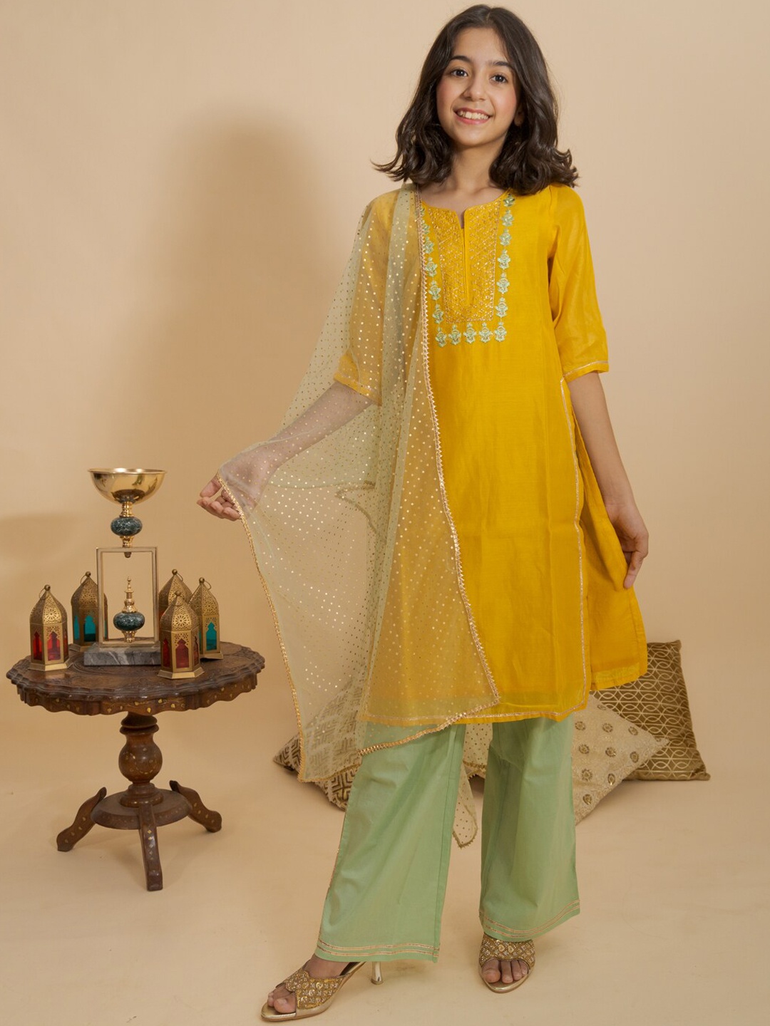 

BANI KIDS Girls Yellow Ethnic Motifs Embroidered Empire Chanderi Cotton Kurti with Churidar & With Dupatta