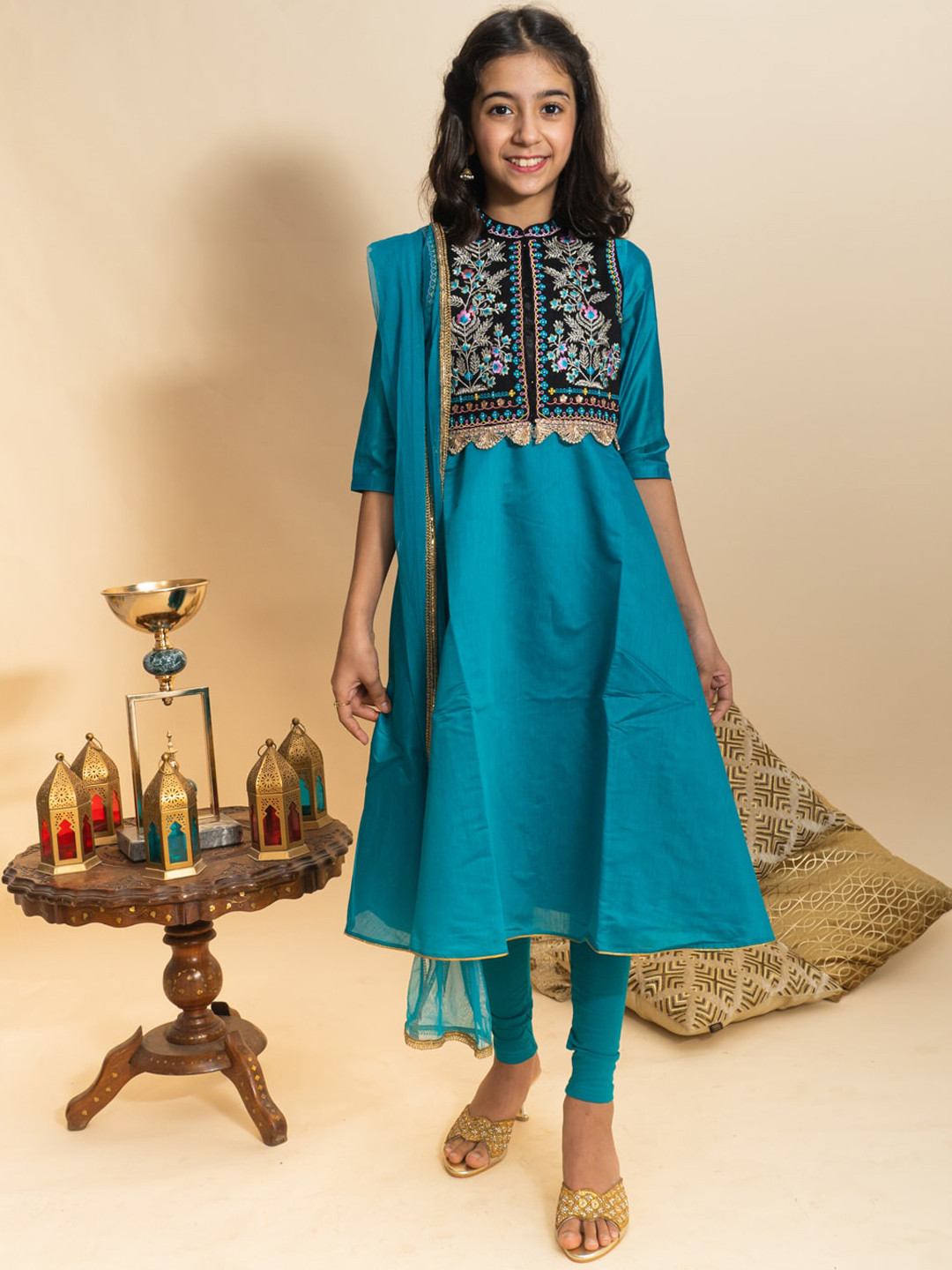 

BANI KIDS Girls Blue Ethnic Motifs Embroidered Chanderi Cotton Kurta with Churidar & With Dupatta