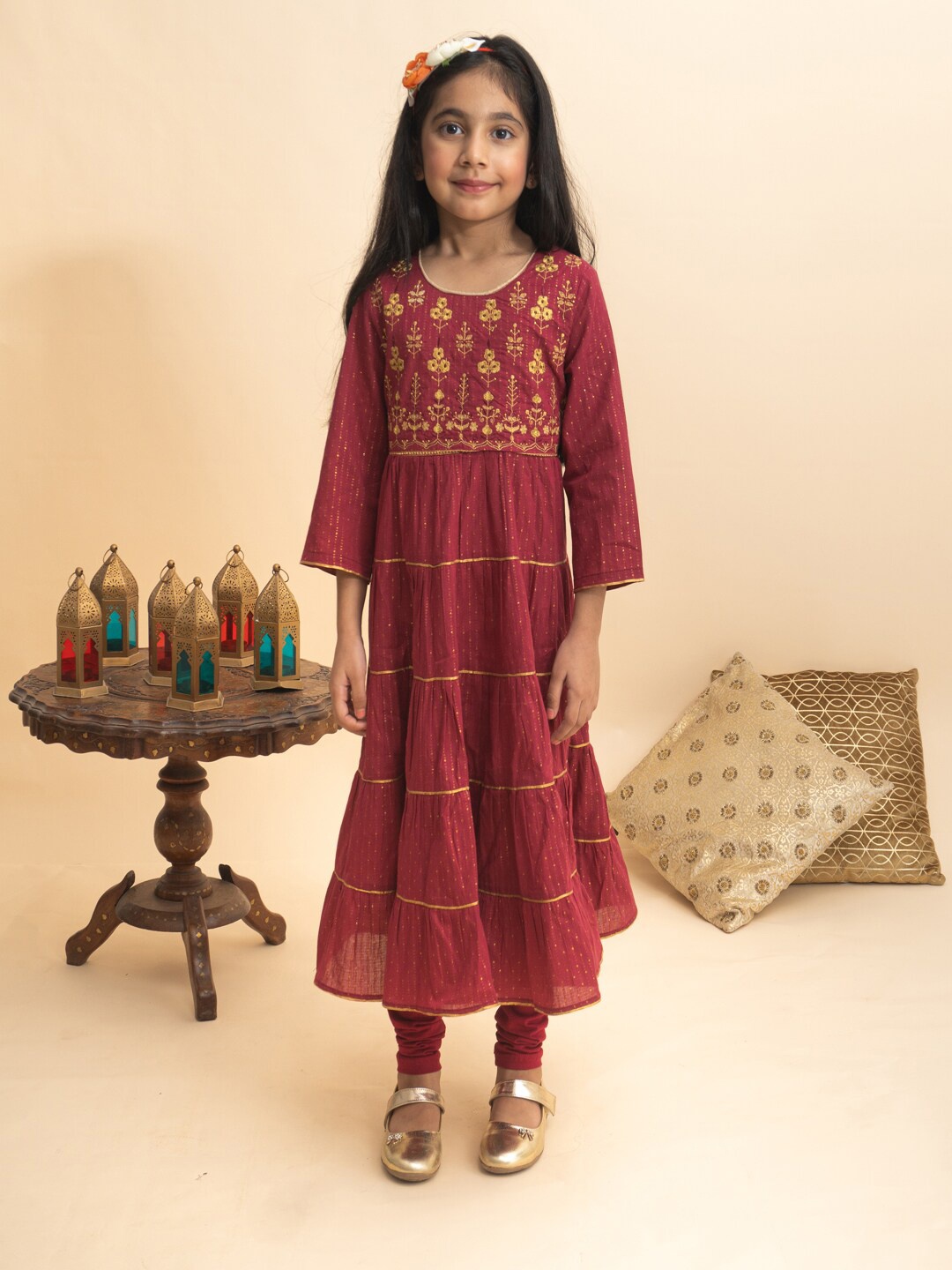 

BANI KIDS Girls Red Printed Chanderi Cotton Kurta with Churidar