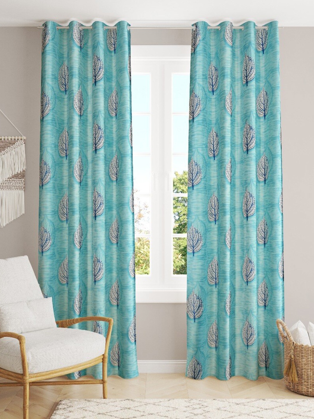 

MULTITEX Blue & White Set of 2 Floral Door Curtain