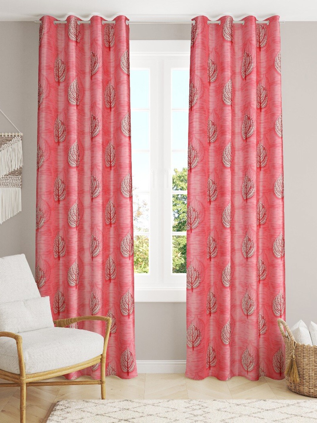 

MULTITEX Maroon & White Set of 2 Floral Window Curtain