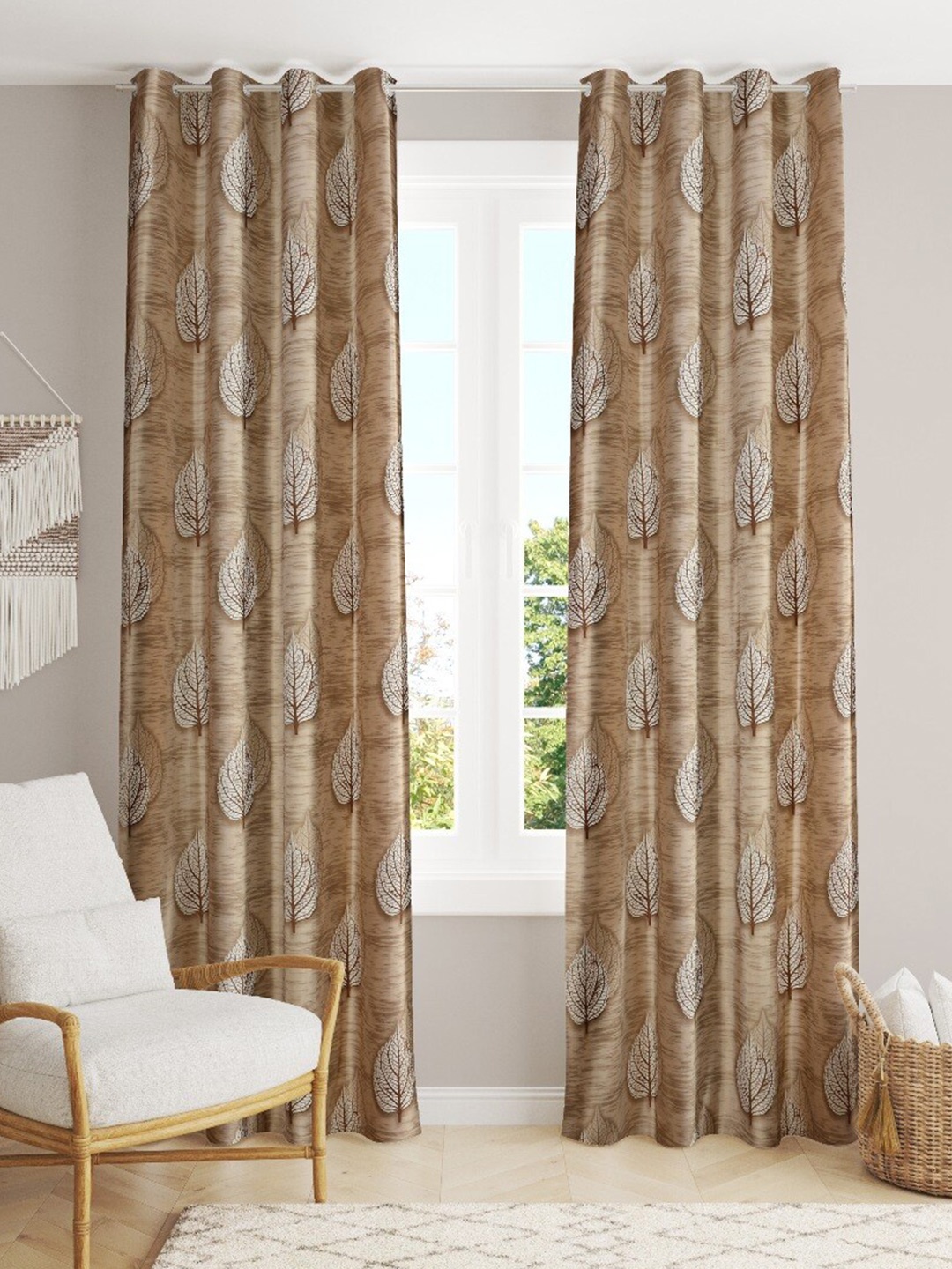 

MULTITEX Brown & White Set of 2 Floral Door Curtain
