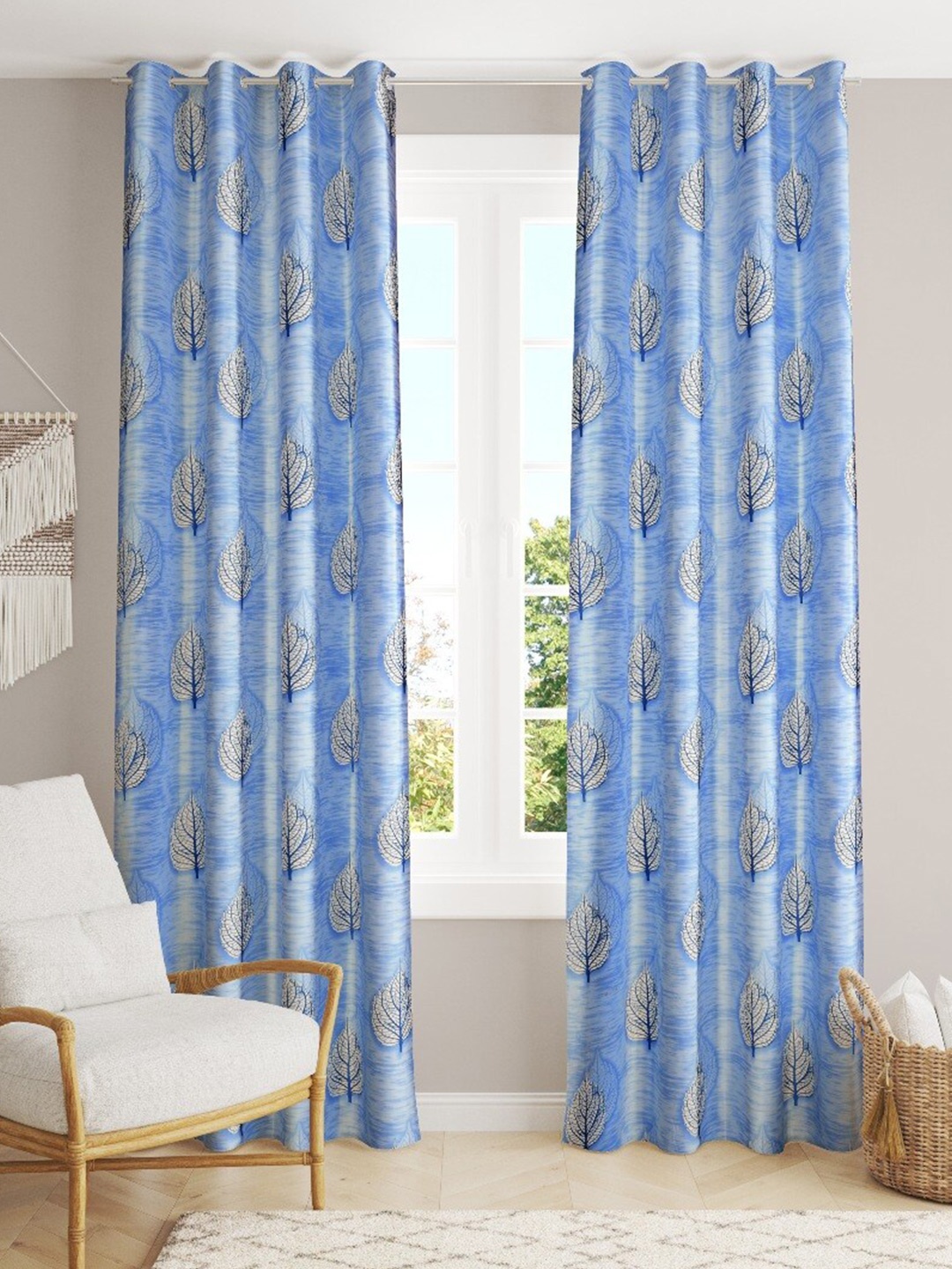 

MULTITEX Blue & White Set of 2 Floral Long Door Curtain