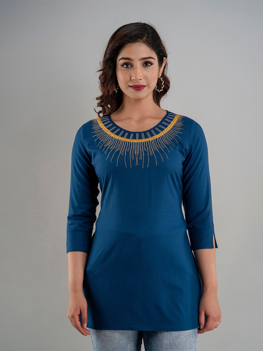 

CKM Blue Embroidered Roll-Up Sleeves Longline Top