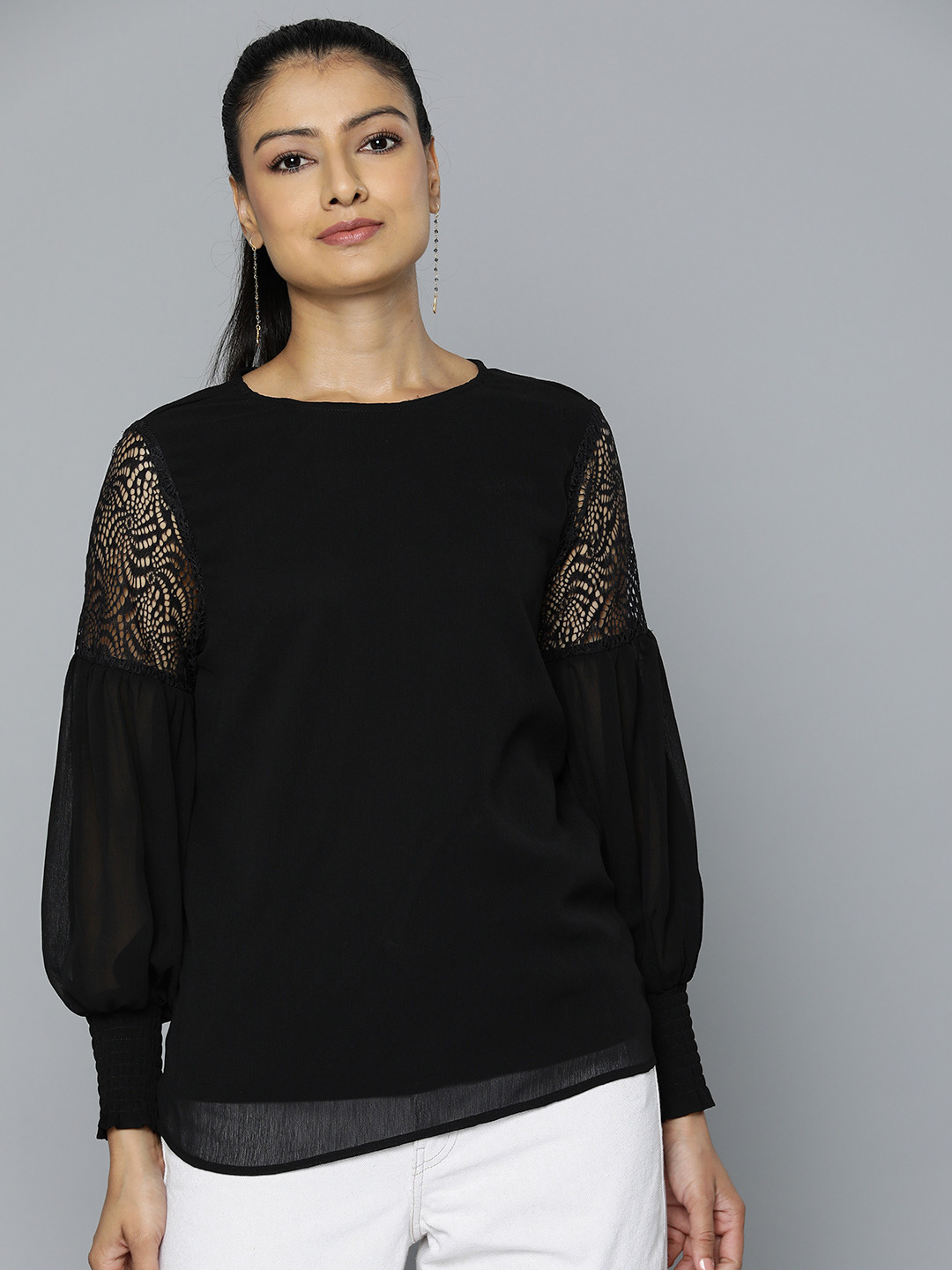 

Flying Machine Lace Inserted Puff Sleeves Top, Black