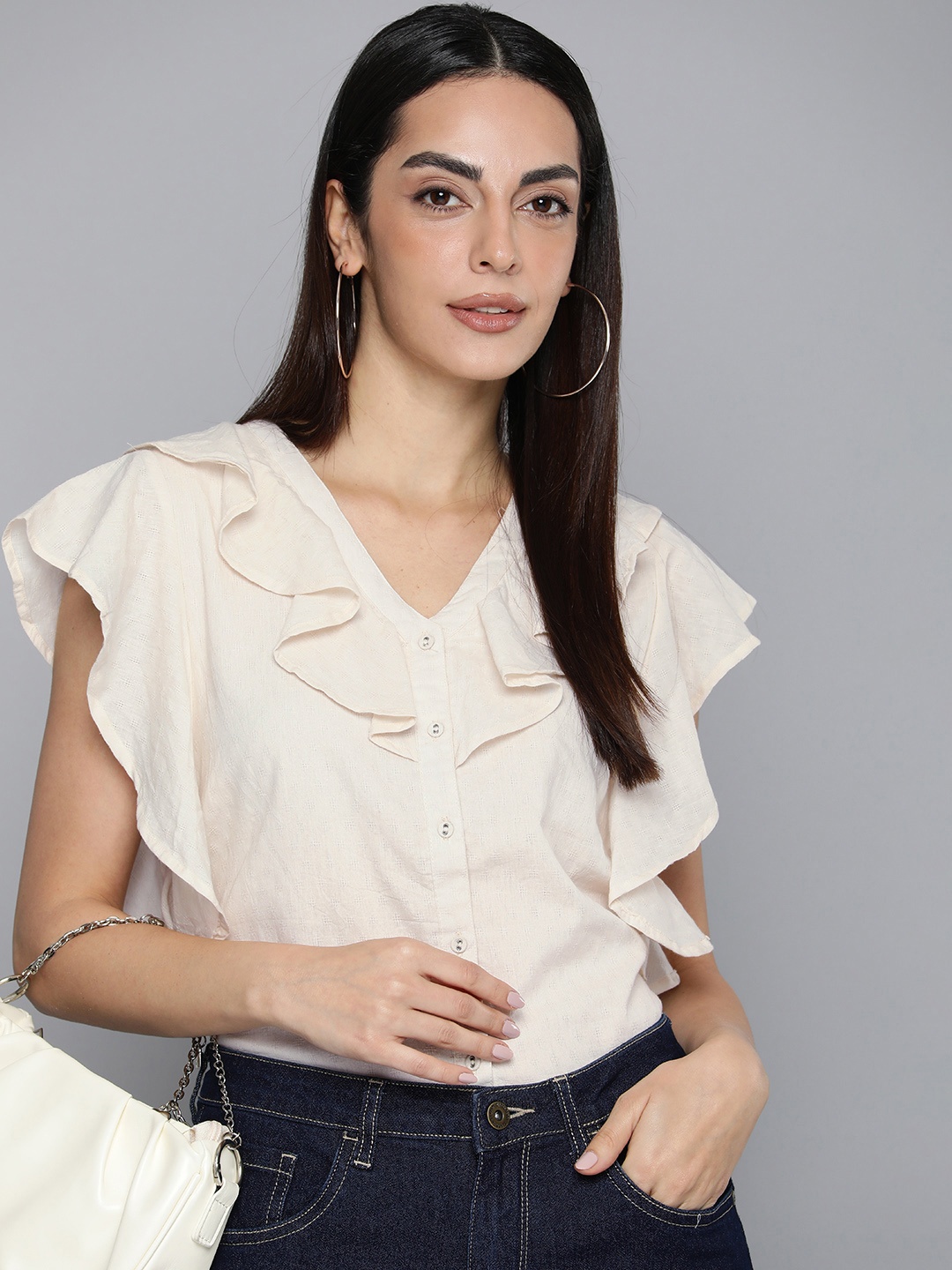 

Flying Machine Flutter Sleeve Ruffles Pure Cotton Shirt Style Top, Beige