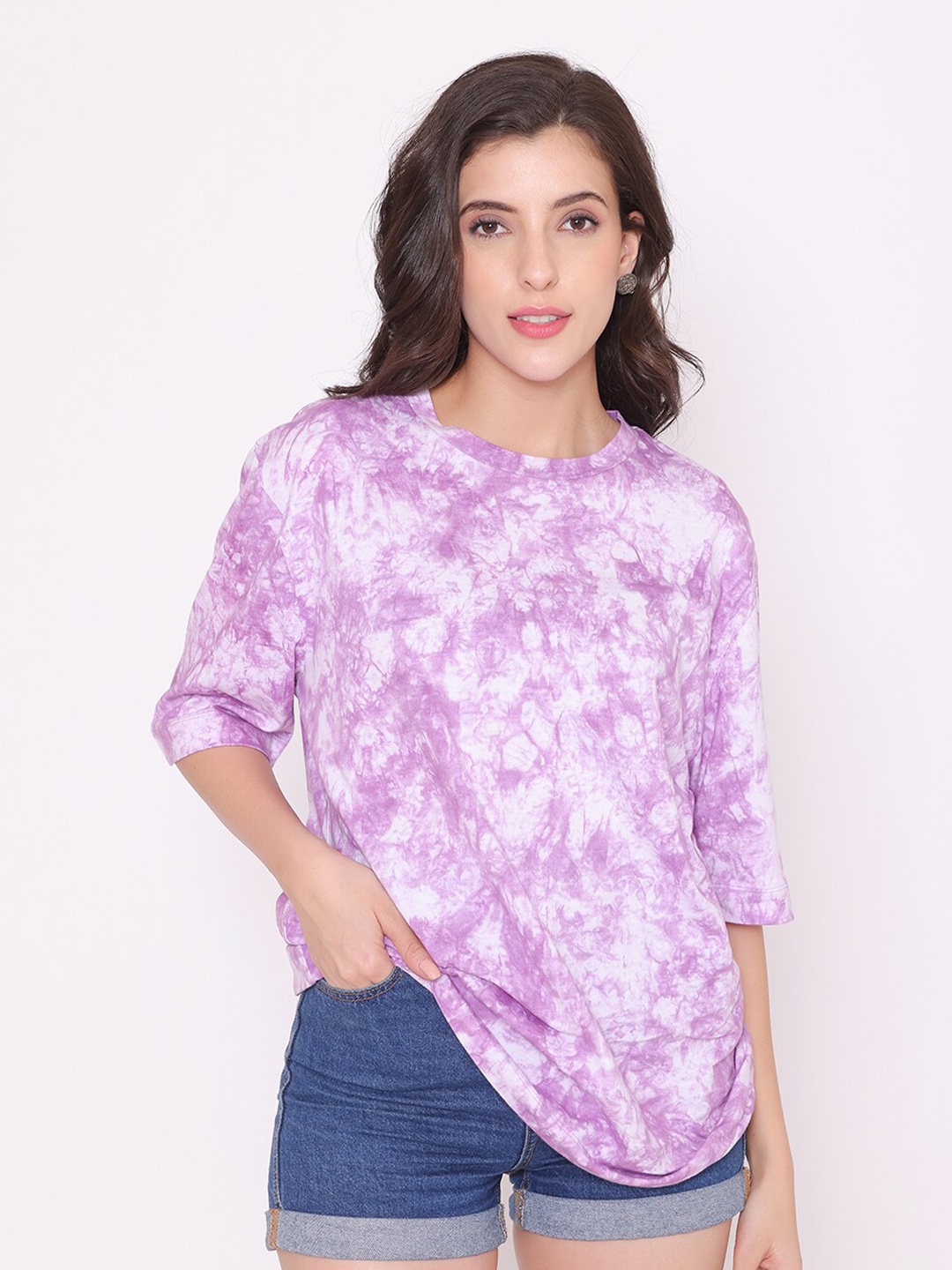 

FLAWLESS Women White Printed Drop-Shoulder Sleeves Raw Edge T-shirt