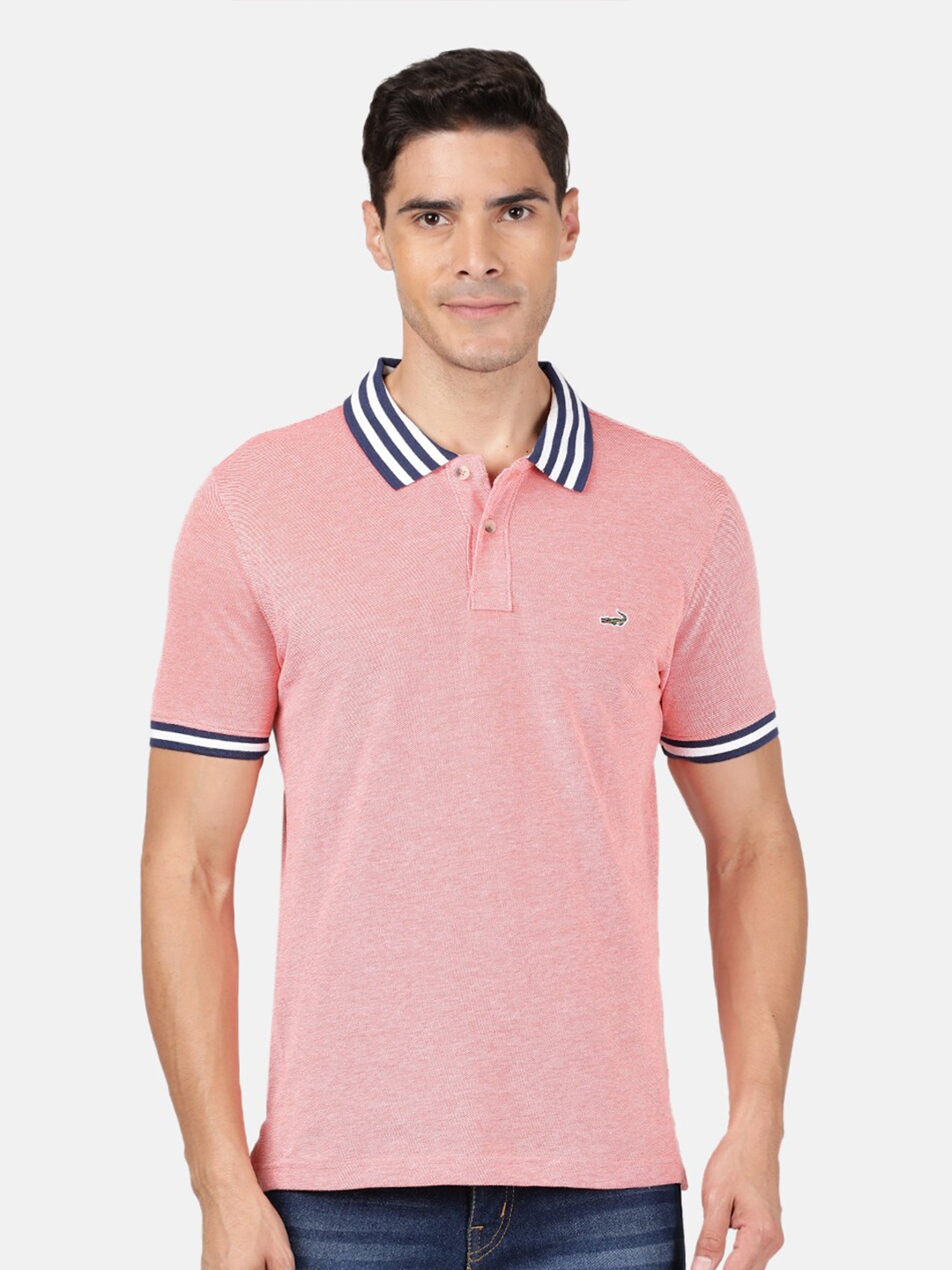 

Crocodile Men Pink Polo Collar Applique Slim Fit T-shirt
