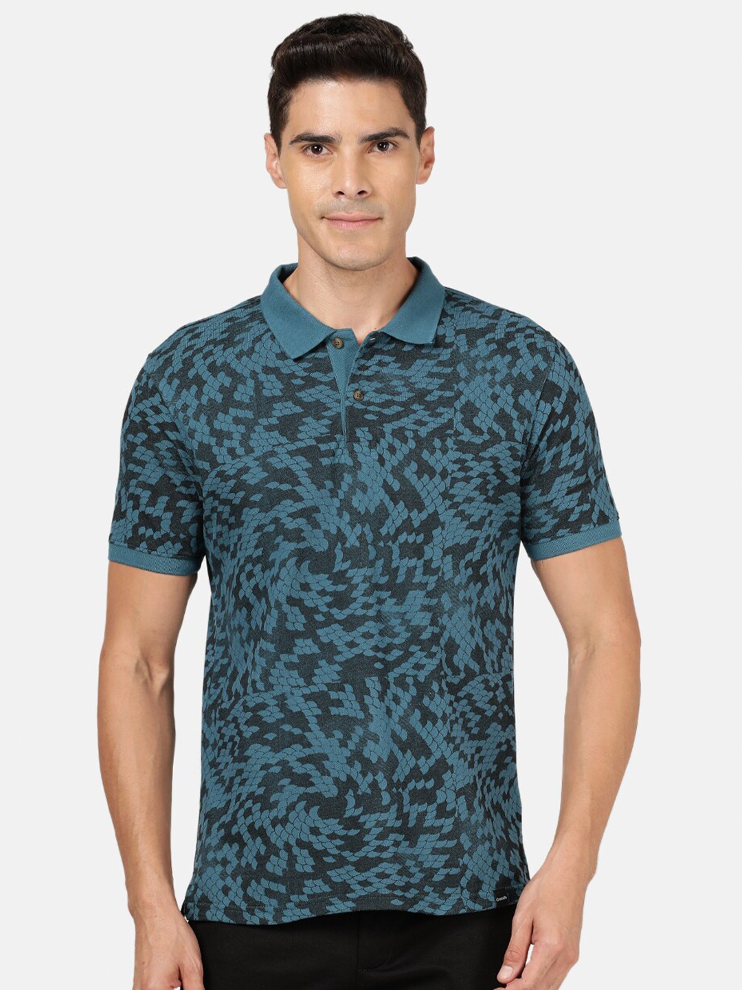 

Crocodile Men Teal & ebony Printed Polo Collar Tropical Slim Fit T-shirt